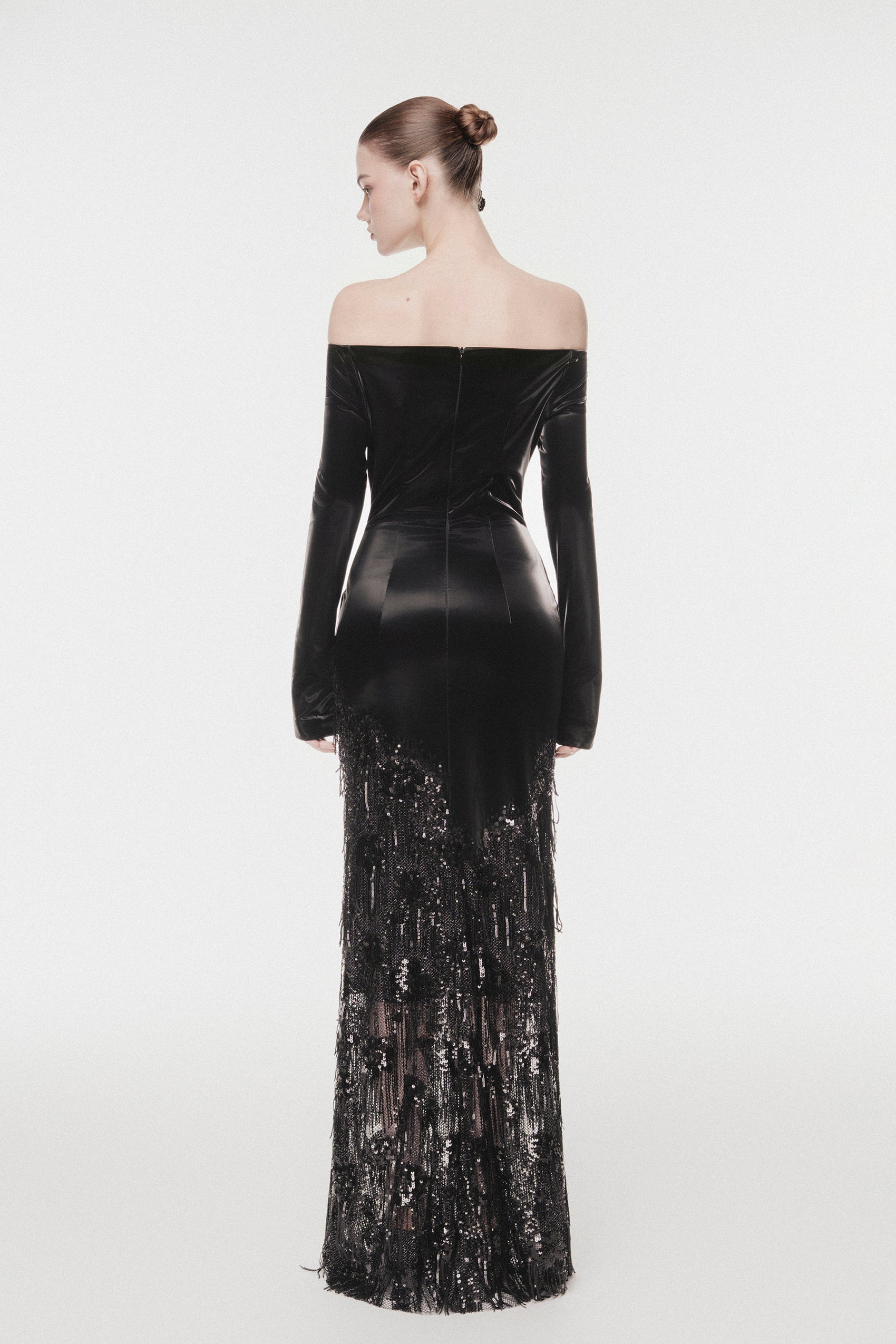 Off-Shoulder Metallic Leather Evening Dress