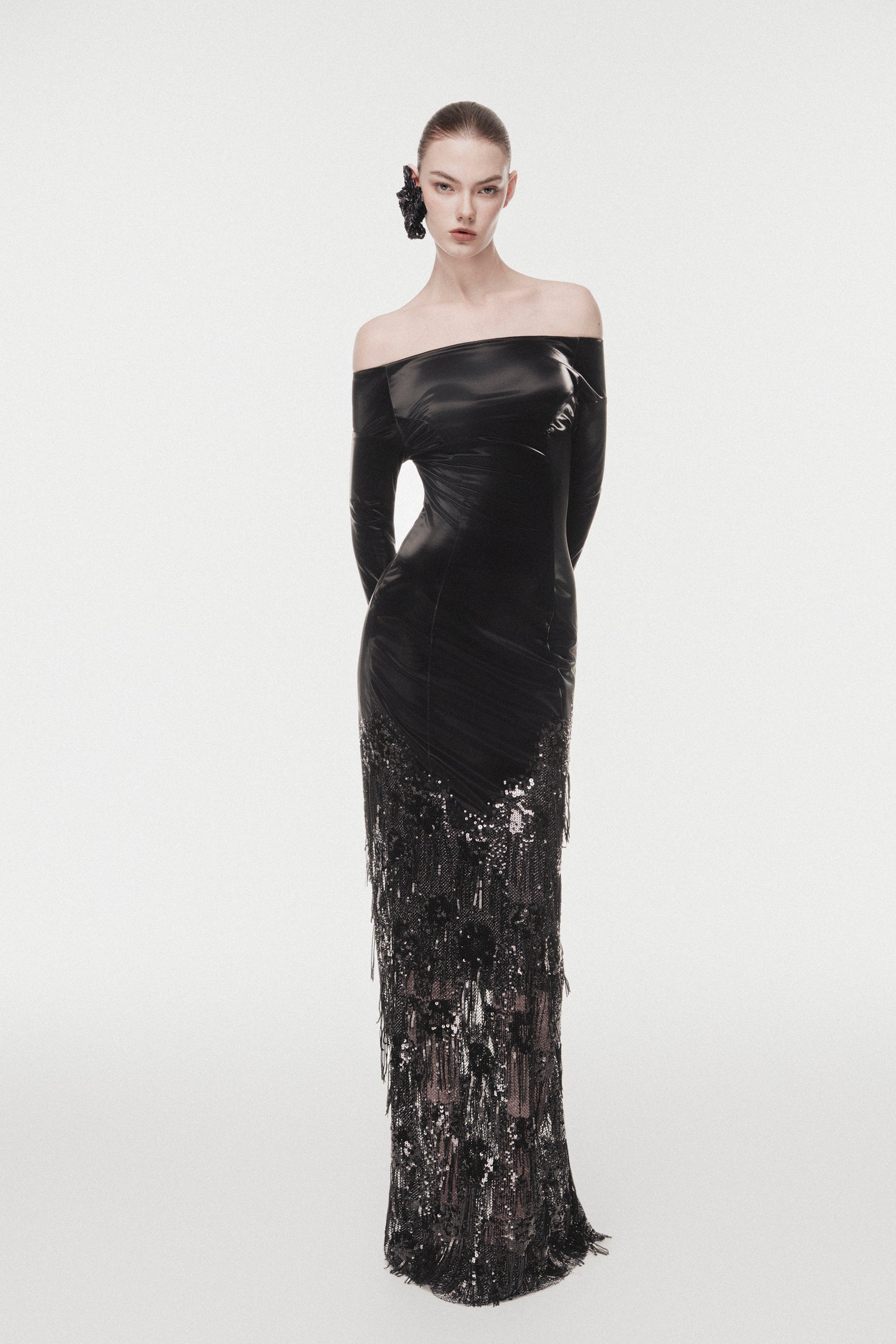 Off-Shoulder Metallic Leather Evening Dress