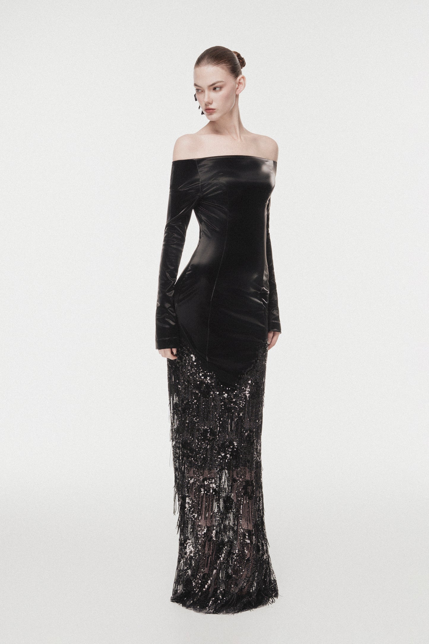 Off-Shoulder Metallic Leather Evening Dress