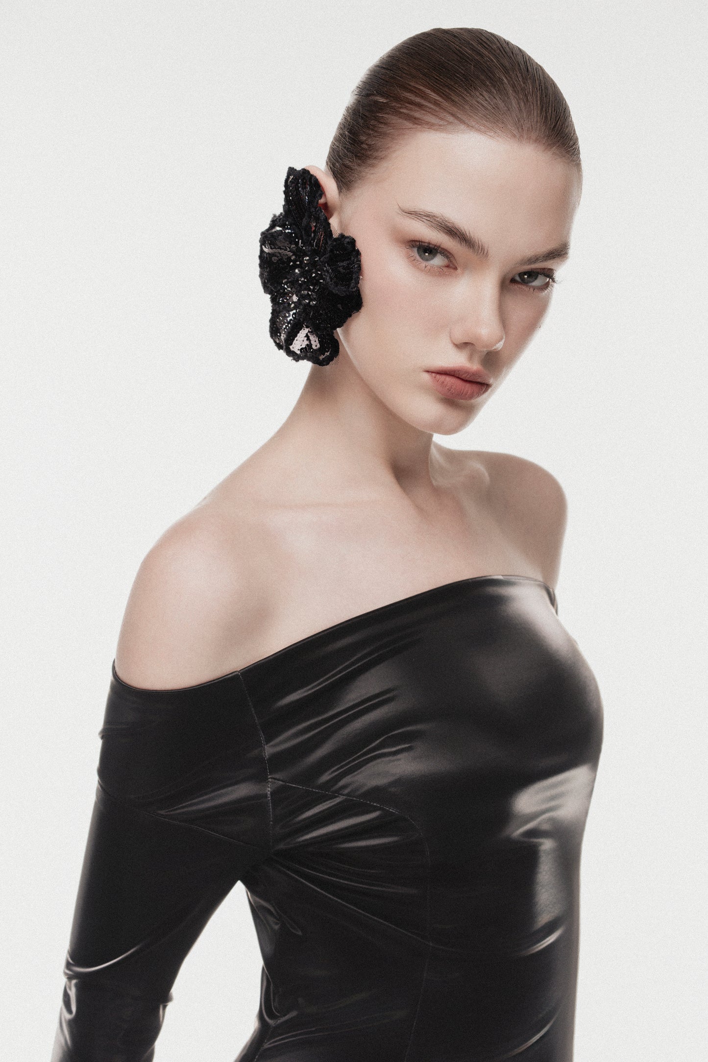 Off-Shoulder Metallic Leather Evening Dress