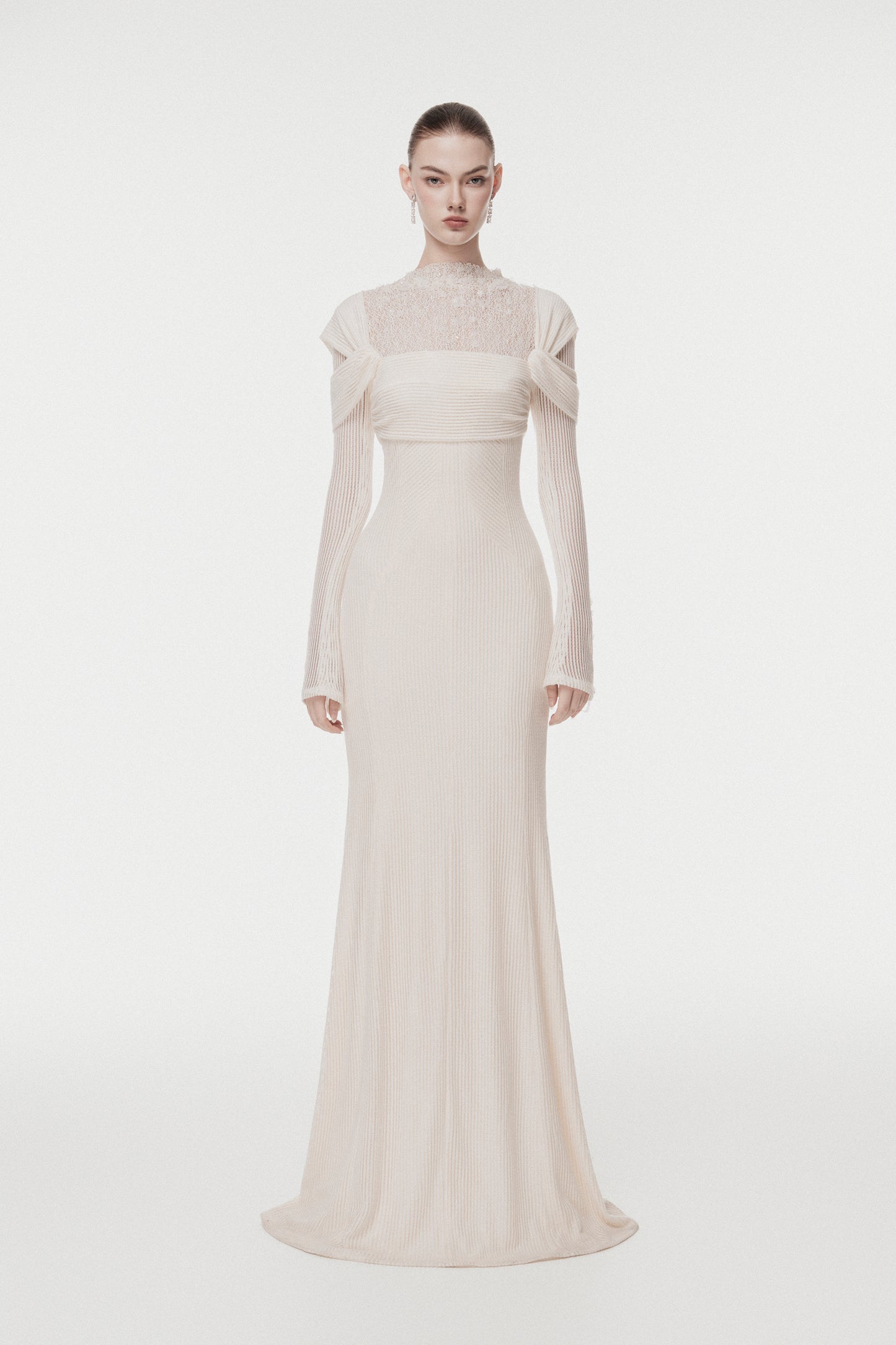 High-Neck Lace Draped Mermaid Gown