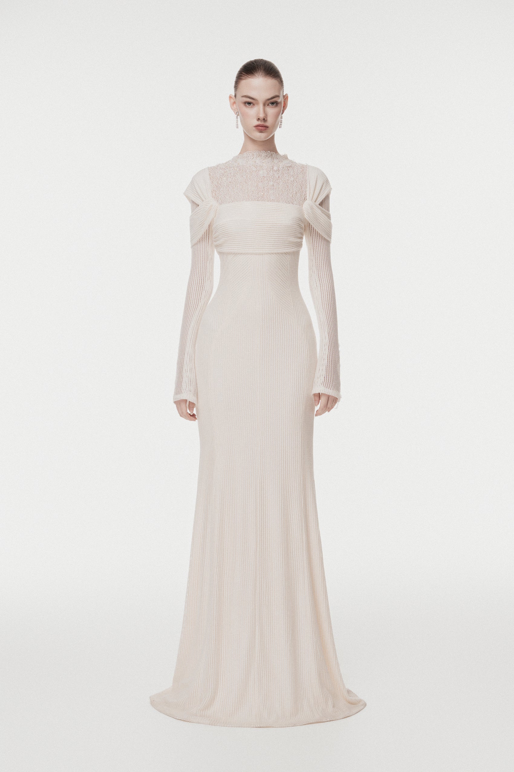 High-Neck Lace Draped Mermaid Gown