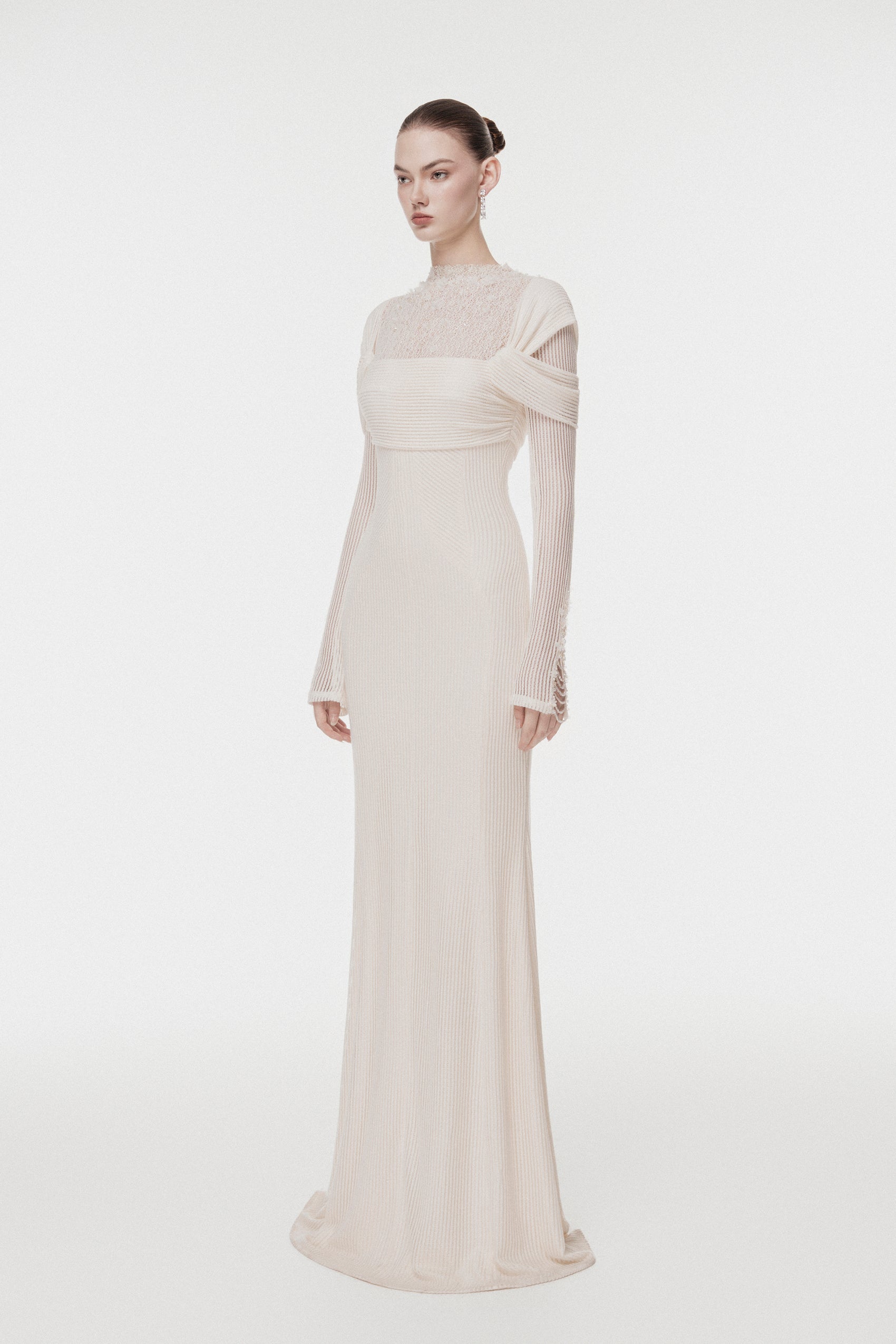 High-Neck Lace Draped Mermaid Gown