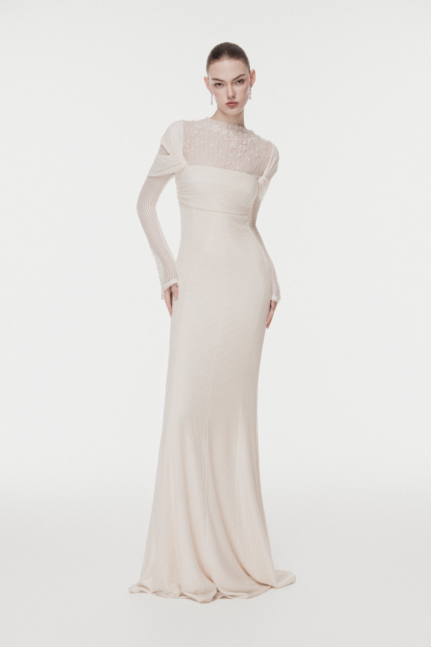 High-Neck Lace Draped Mermaid Gown