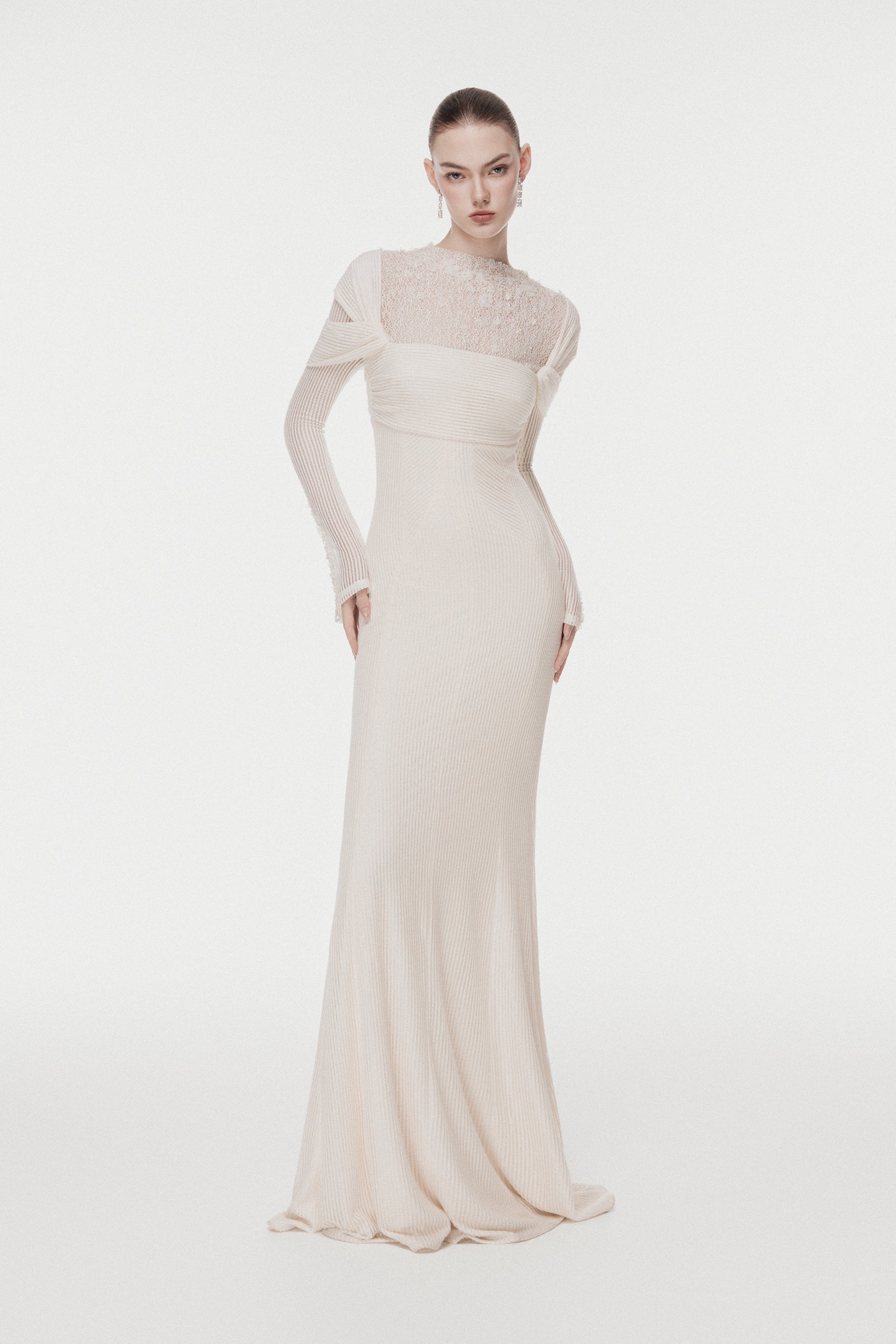 High-Neck Lace Draped Mermaid Gown