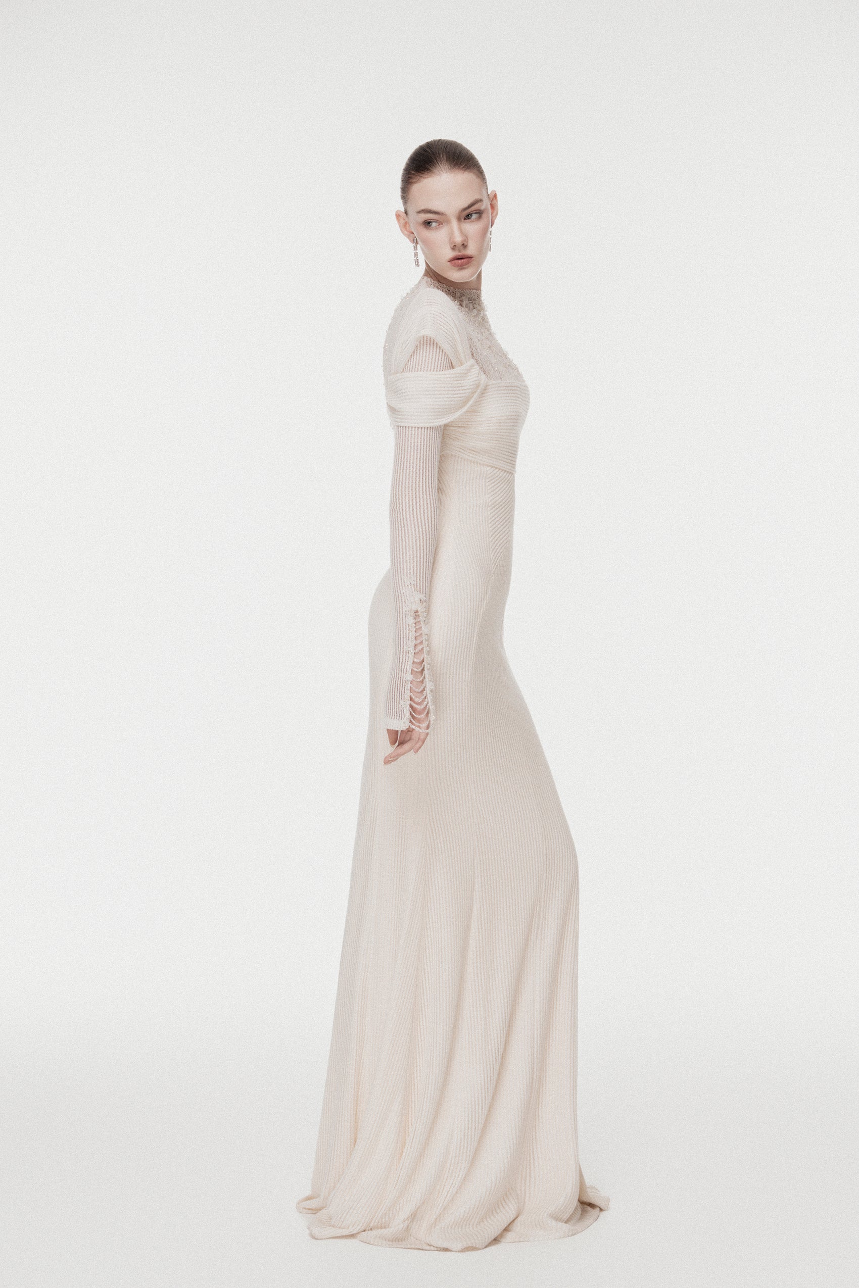 High-Neck Lace Draped Mermaid Gown
