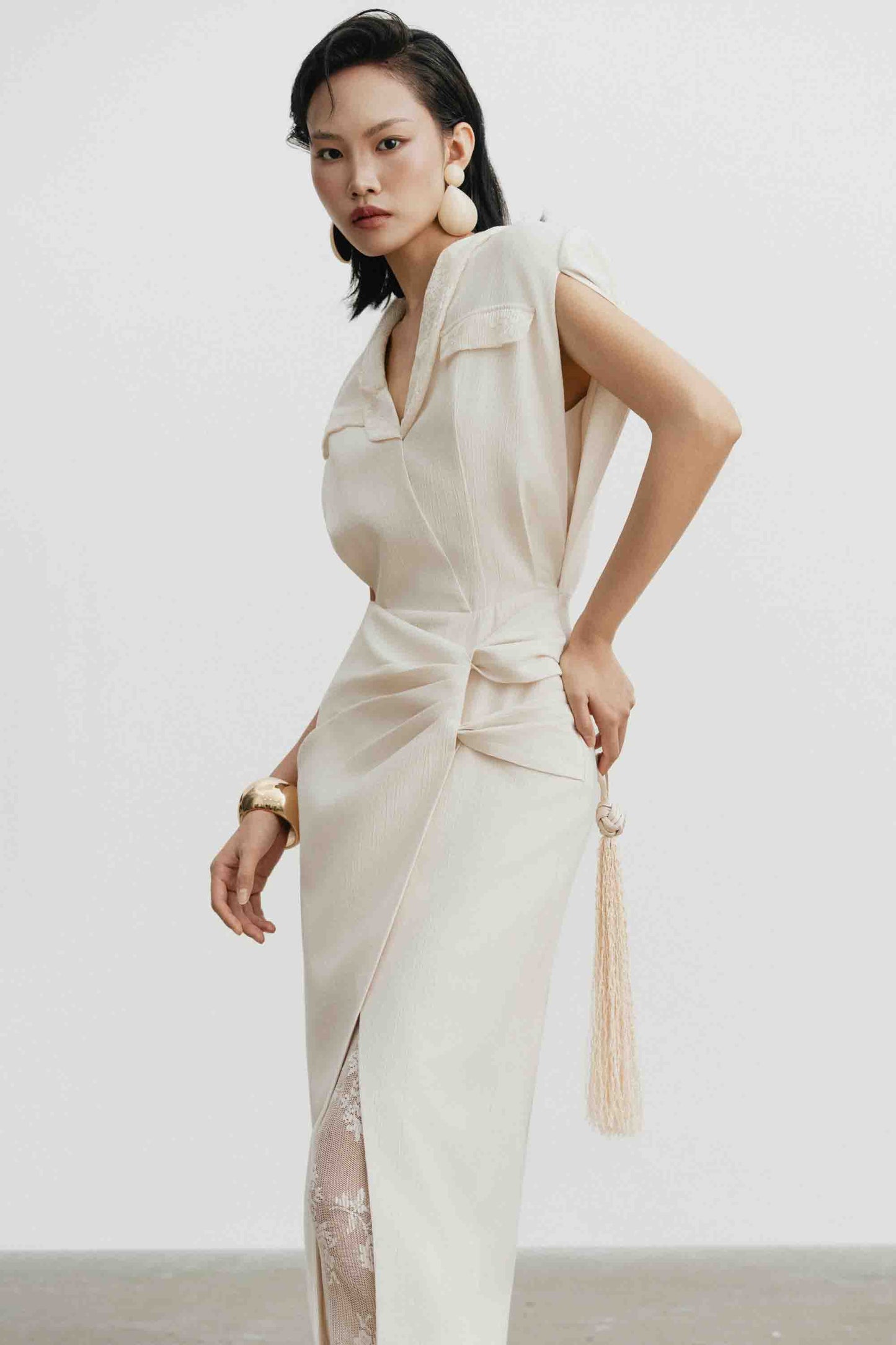 V-Neck Draped Midi Dress