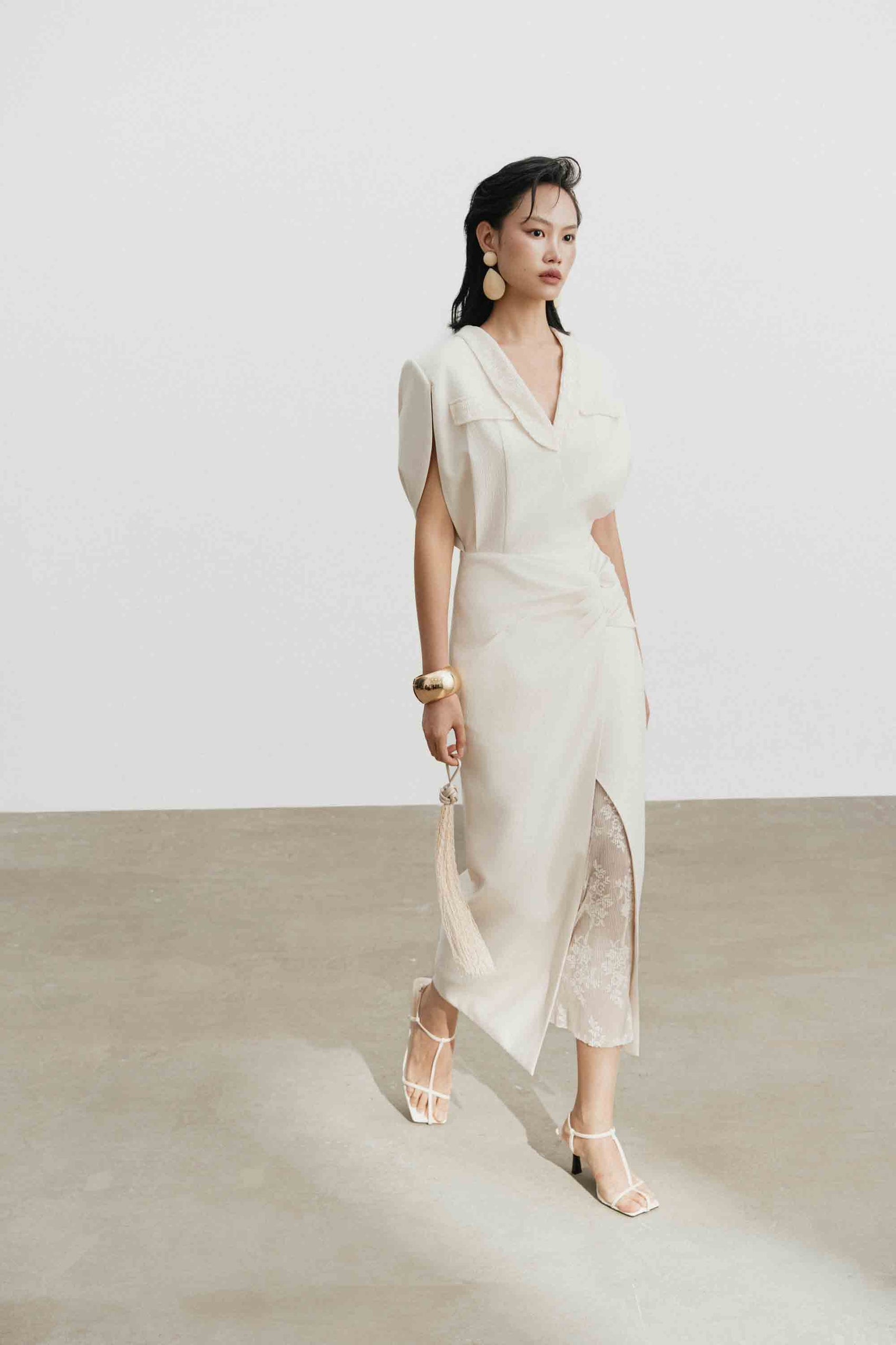 V-Neck Draped Midi Dress