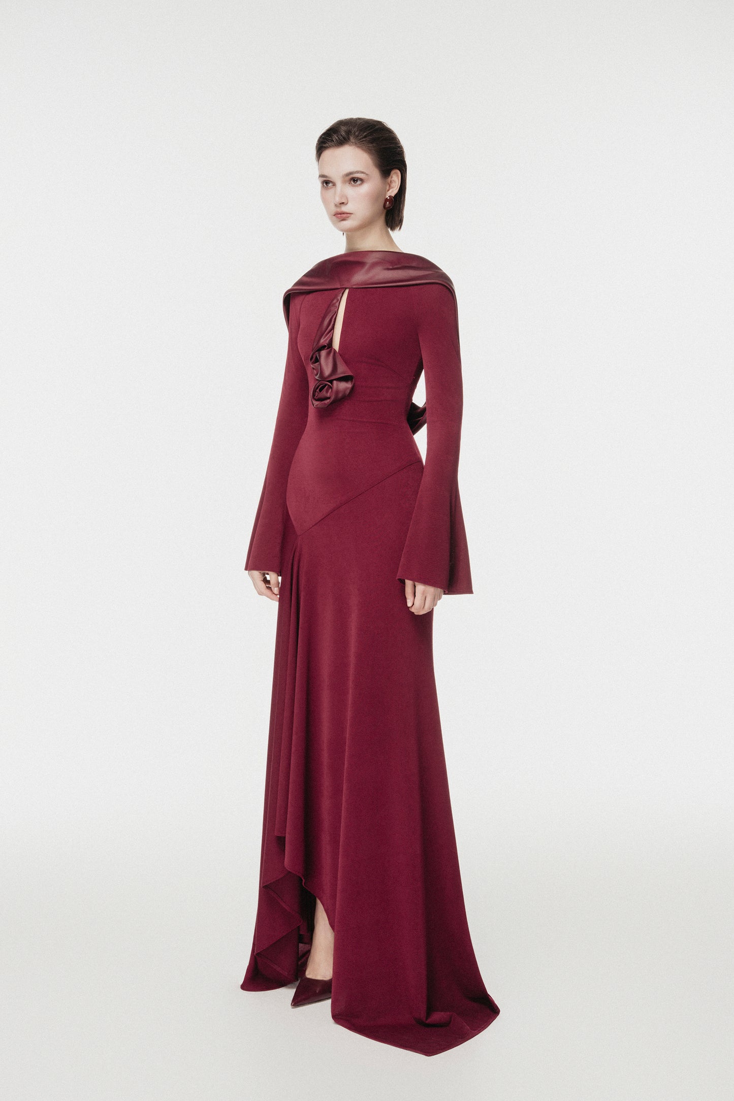 Scarf-Neck Midi Dress with Floral Accent