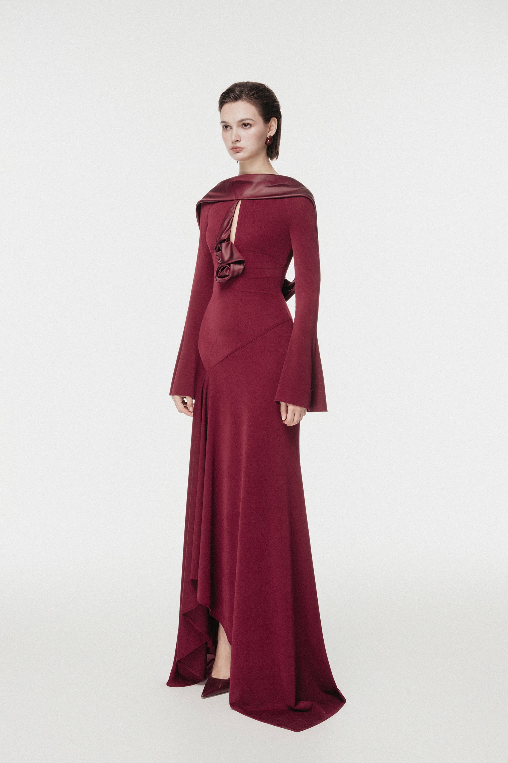 Scarf-Neck Midi Dress with Floral Accent