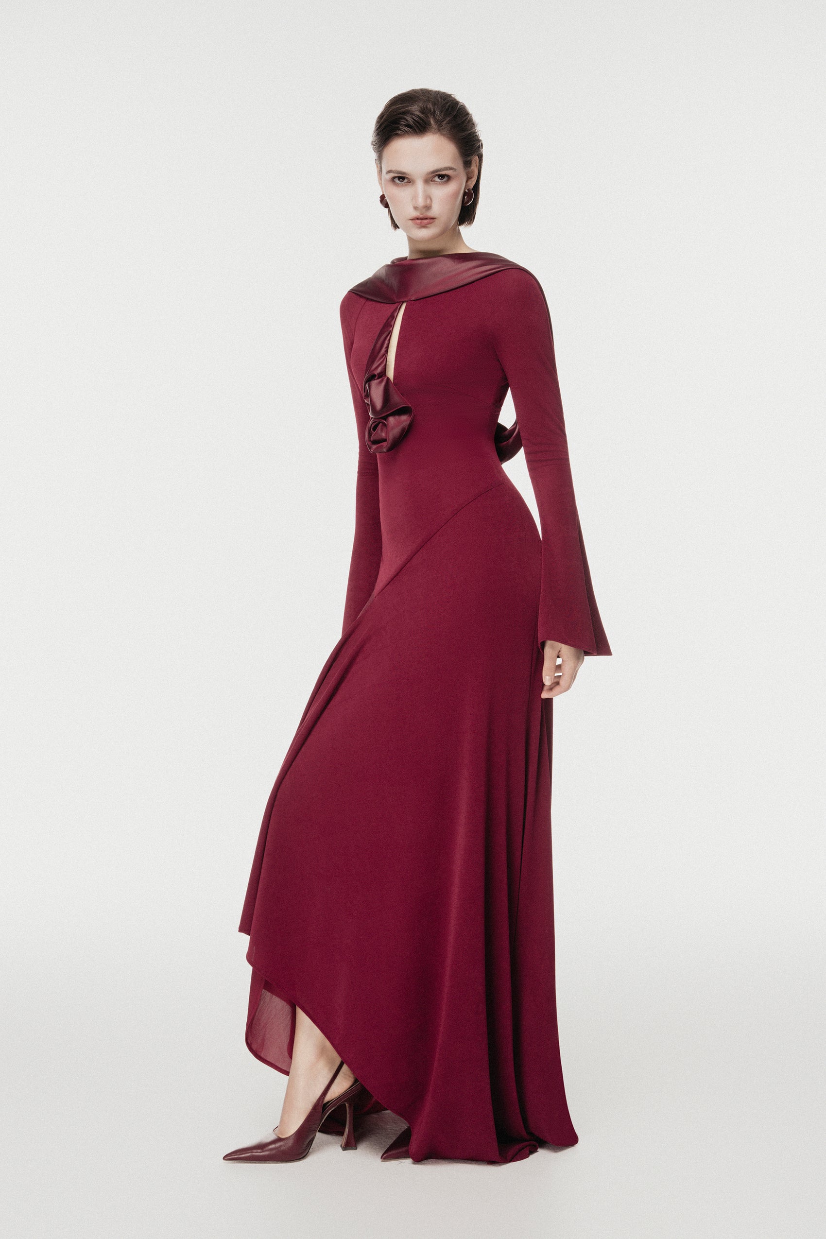 Scarf-Neck Midi Dress with Floral Accent