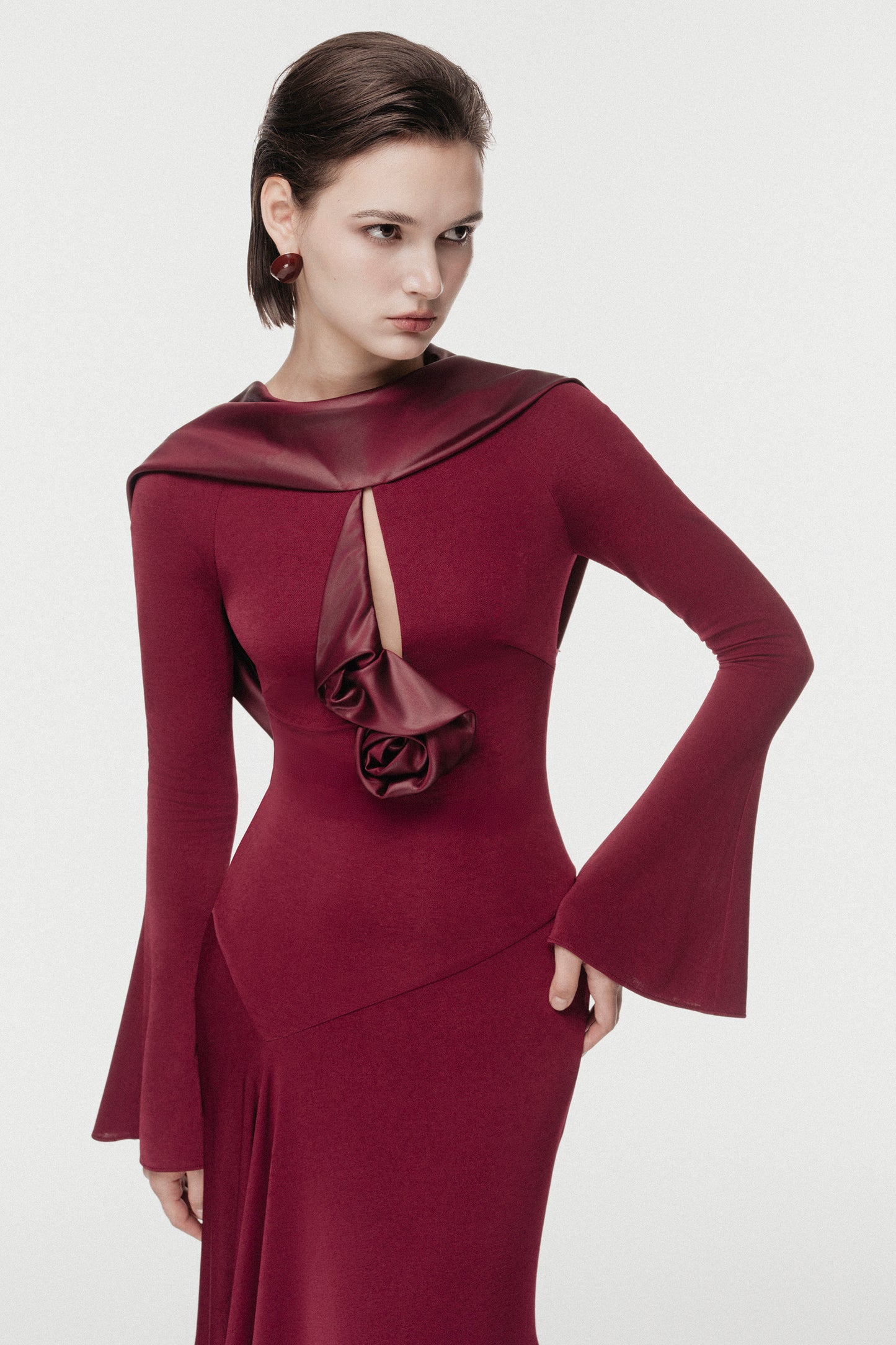 Scarf-Neck Midi Dress with Floral Accent