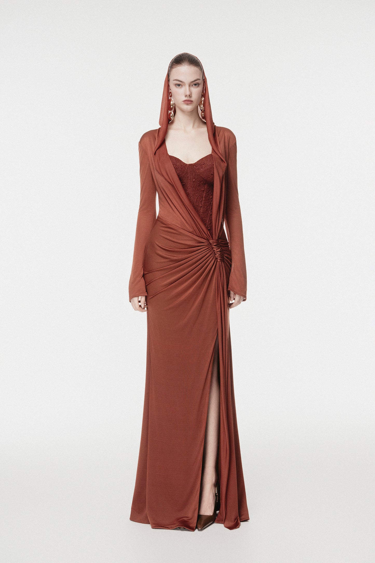 Hooded Draped Corset Evening Gown