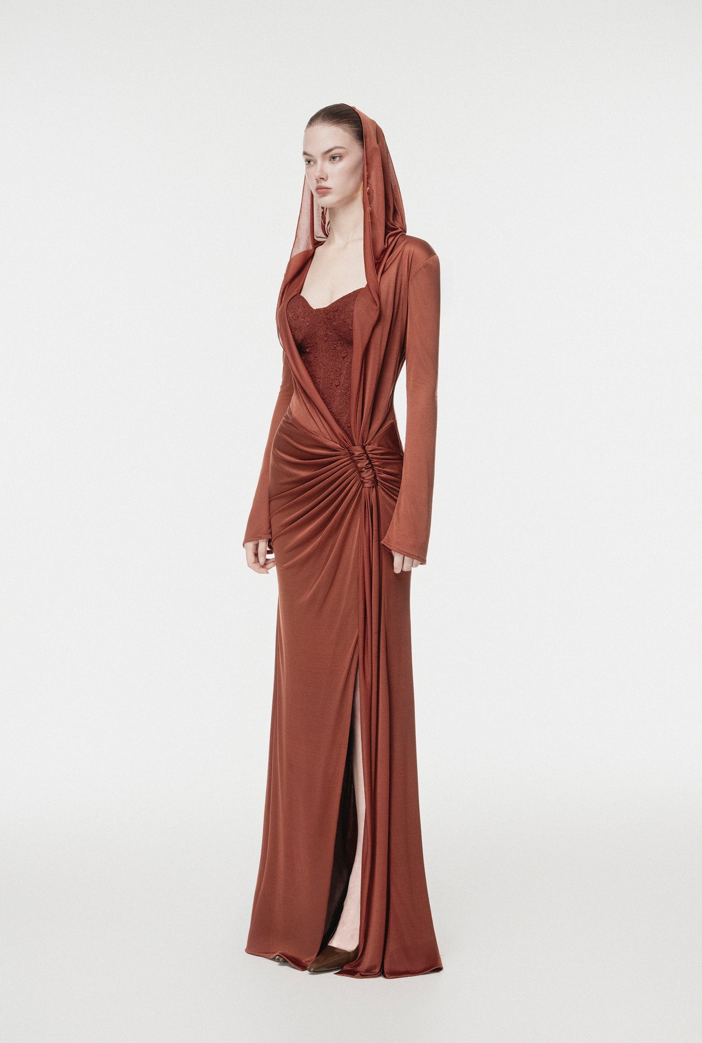 Hooded Draped Corset Evening Gown
