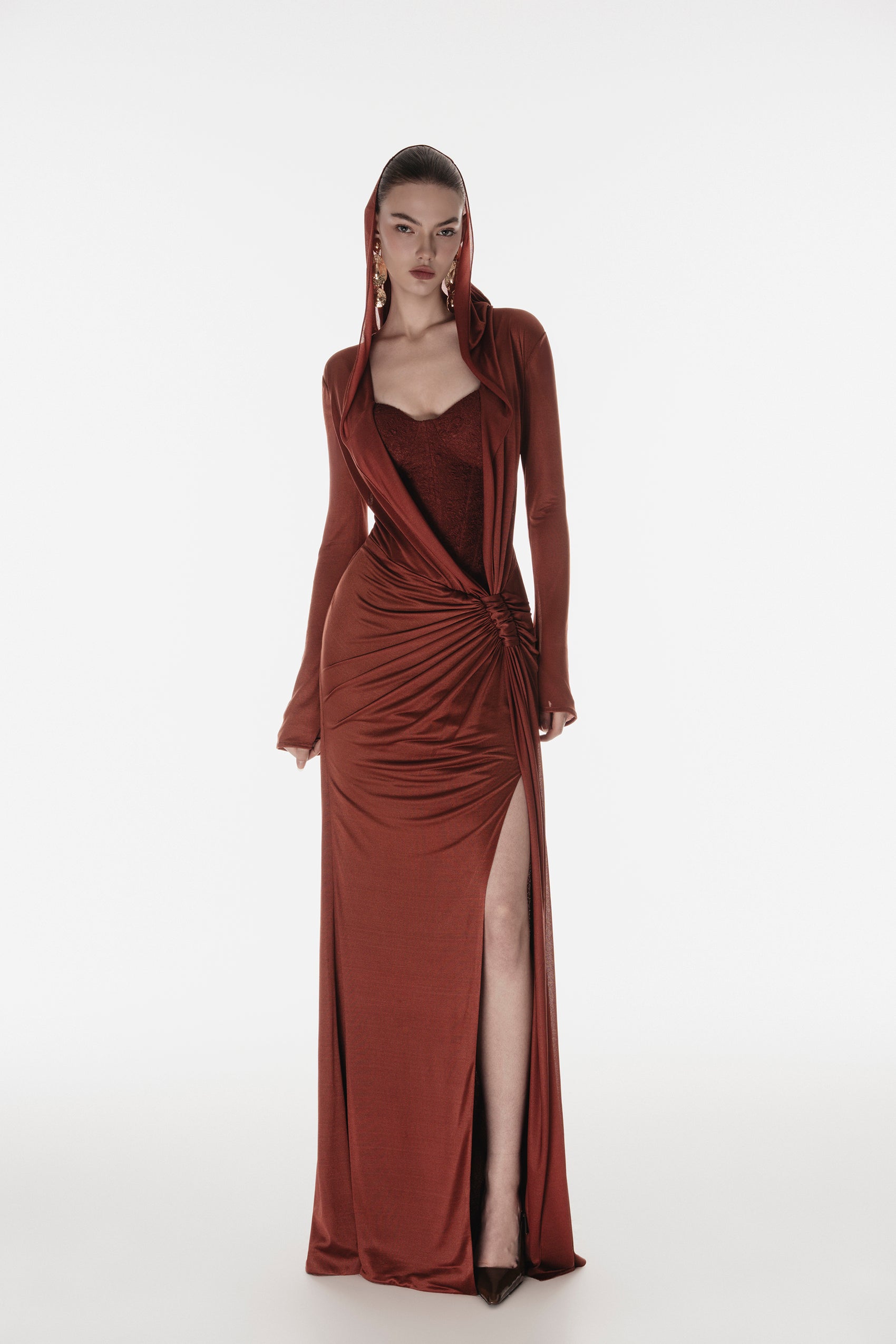 Hooded Draped Corset Evening Gown