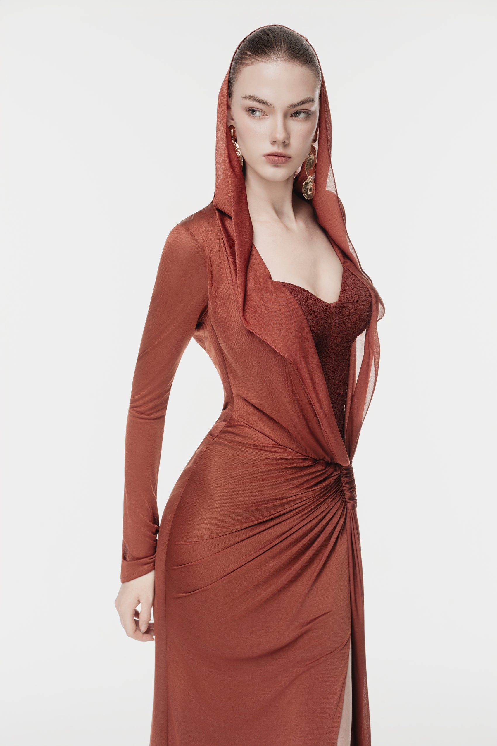 Hooded Draped Corset Evening Gown