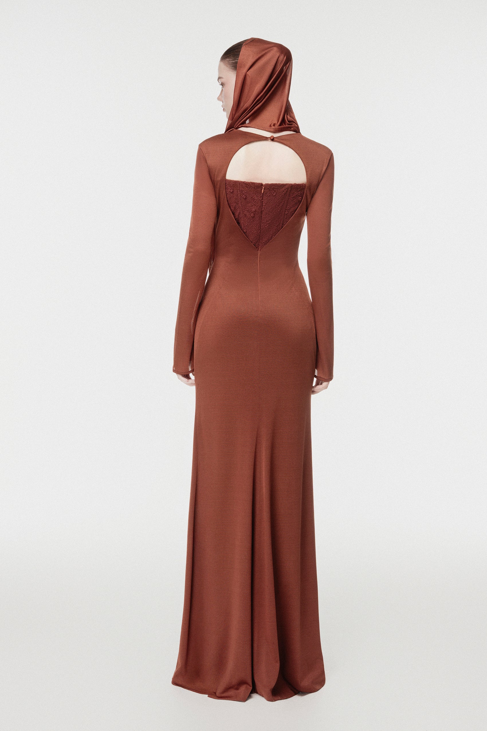 Hooded Draped Corset Evening Gown