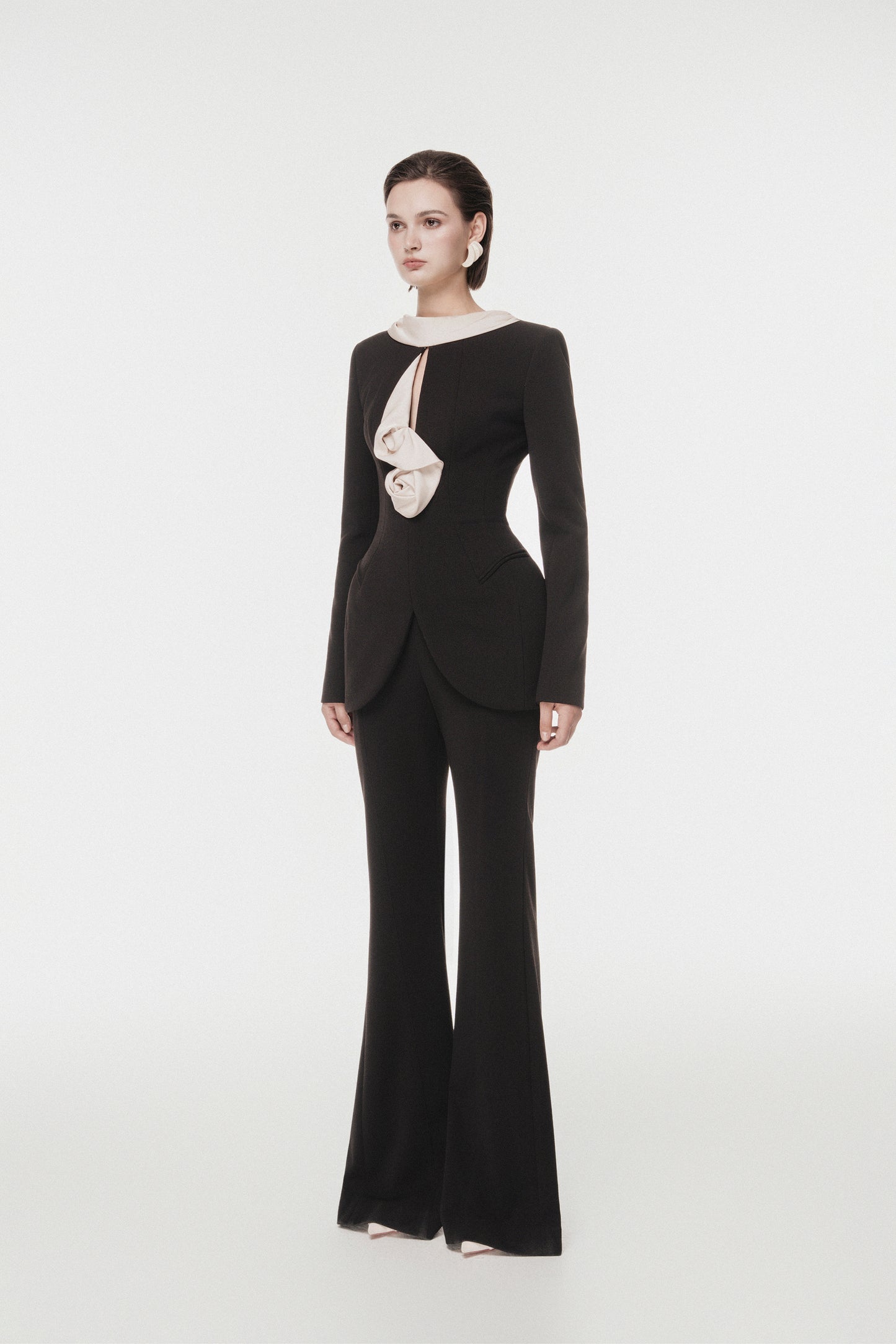 Black Vest with Draped Contrast Lapel Set (with Pants)