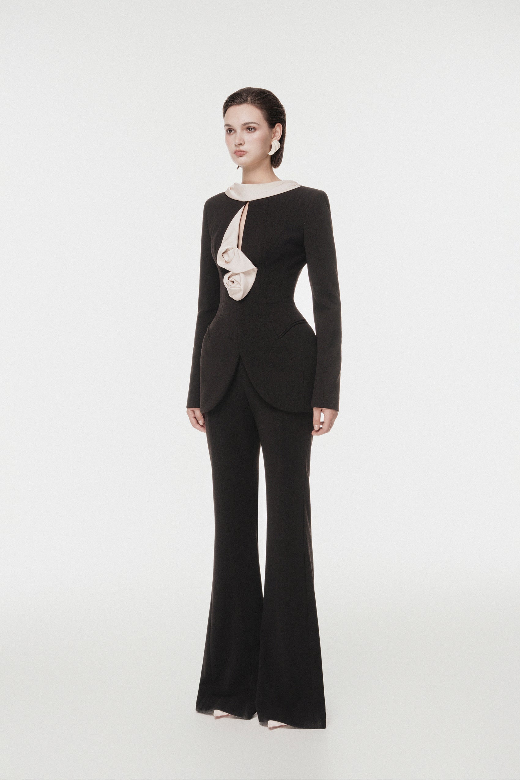 Black Vest with Draped Contrast Lapel Set (with Pants)