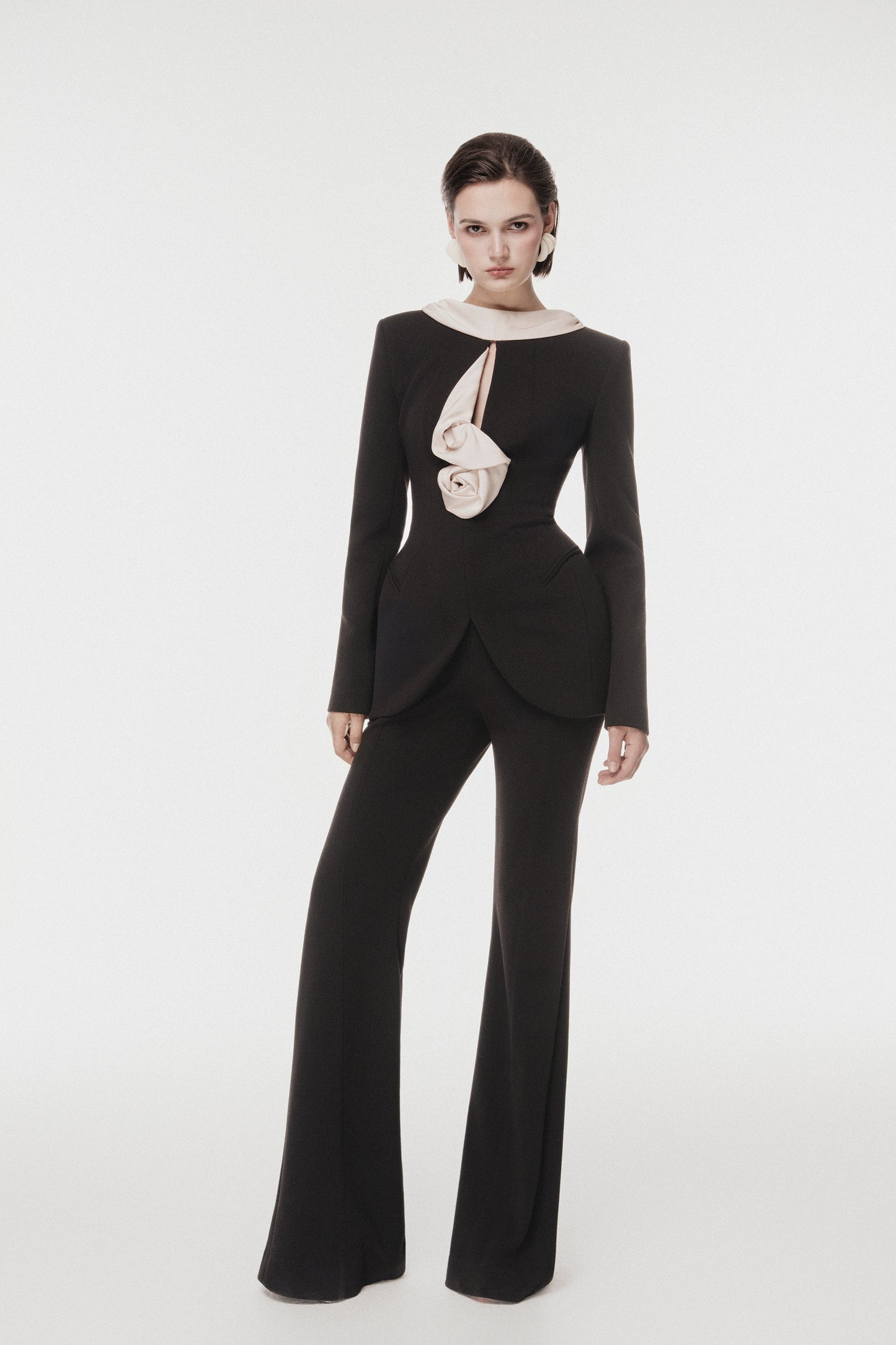 Black Vest with Draped Contrast Lapel Set (with Pants)
