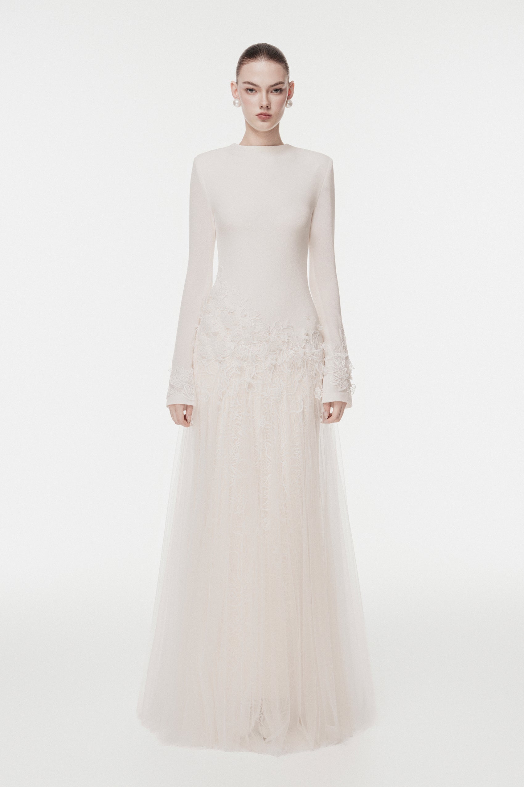 Ivory Long Dress with 3D Lace Floral