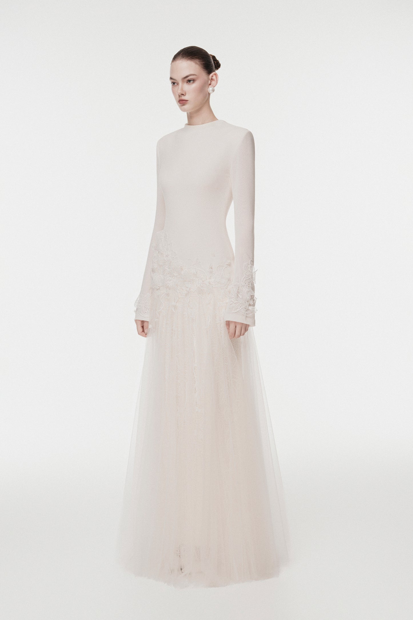 Ivory Long Dress with 3D Lace Floral