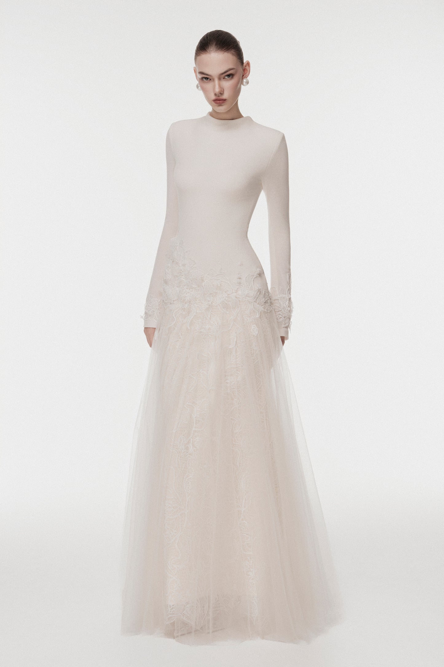 Ivory Long Dress with 3D Lace Floral