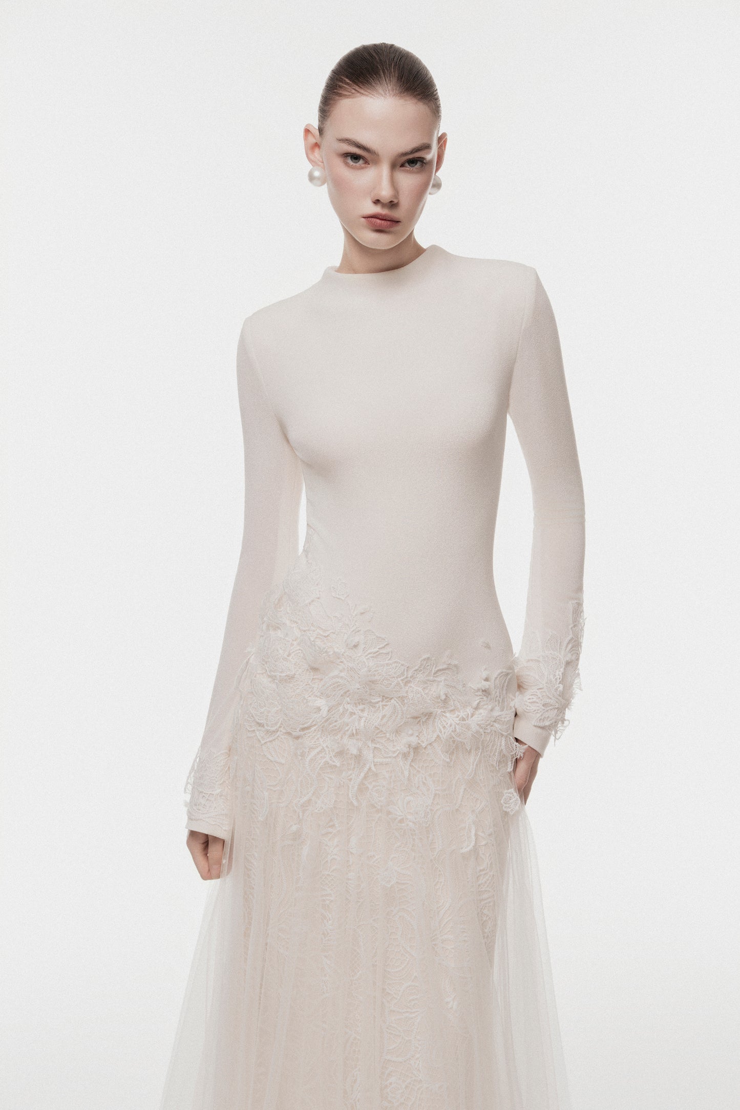 Ivory Long Dress with 3D Lace Floral