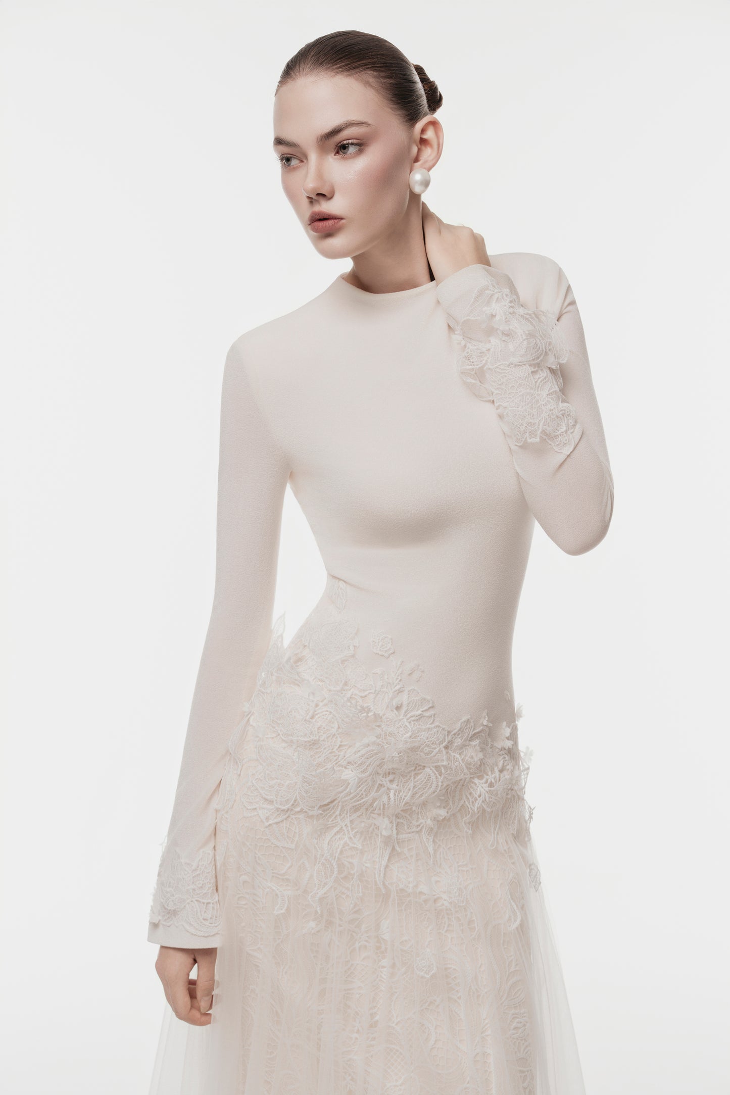 Ivory Long Dress with 3D Lace Floral