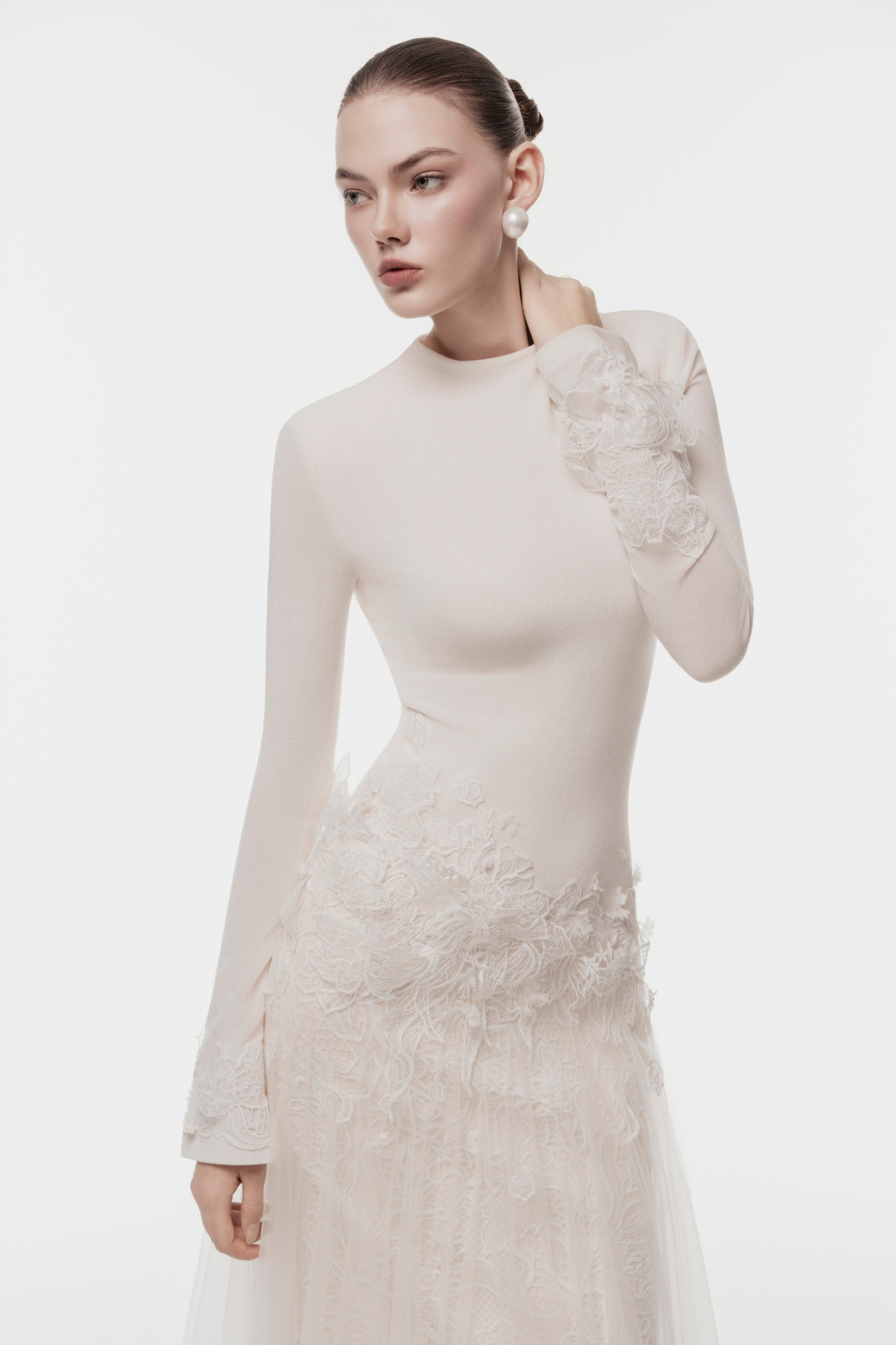 Ivory Long Dress with 3D Lace Floral