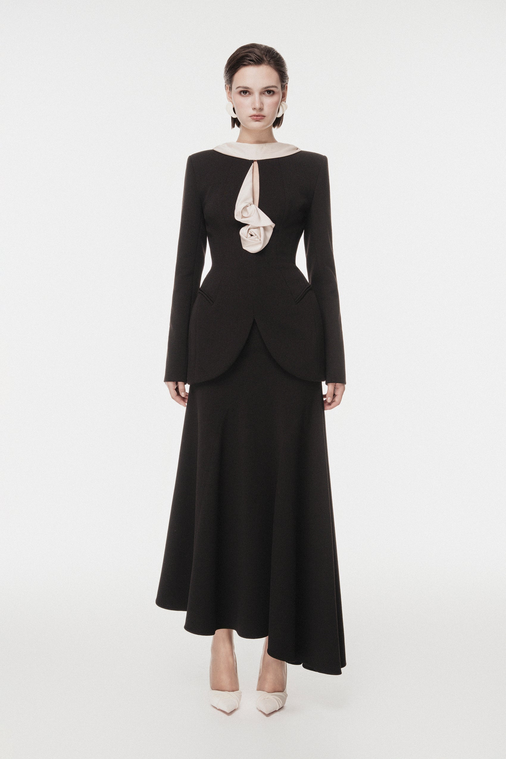 Black Vest with Draped Contrast Lapel Set (with Skirt)