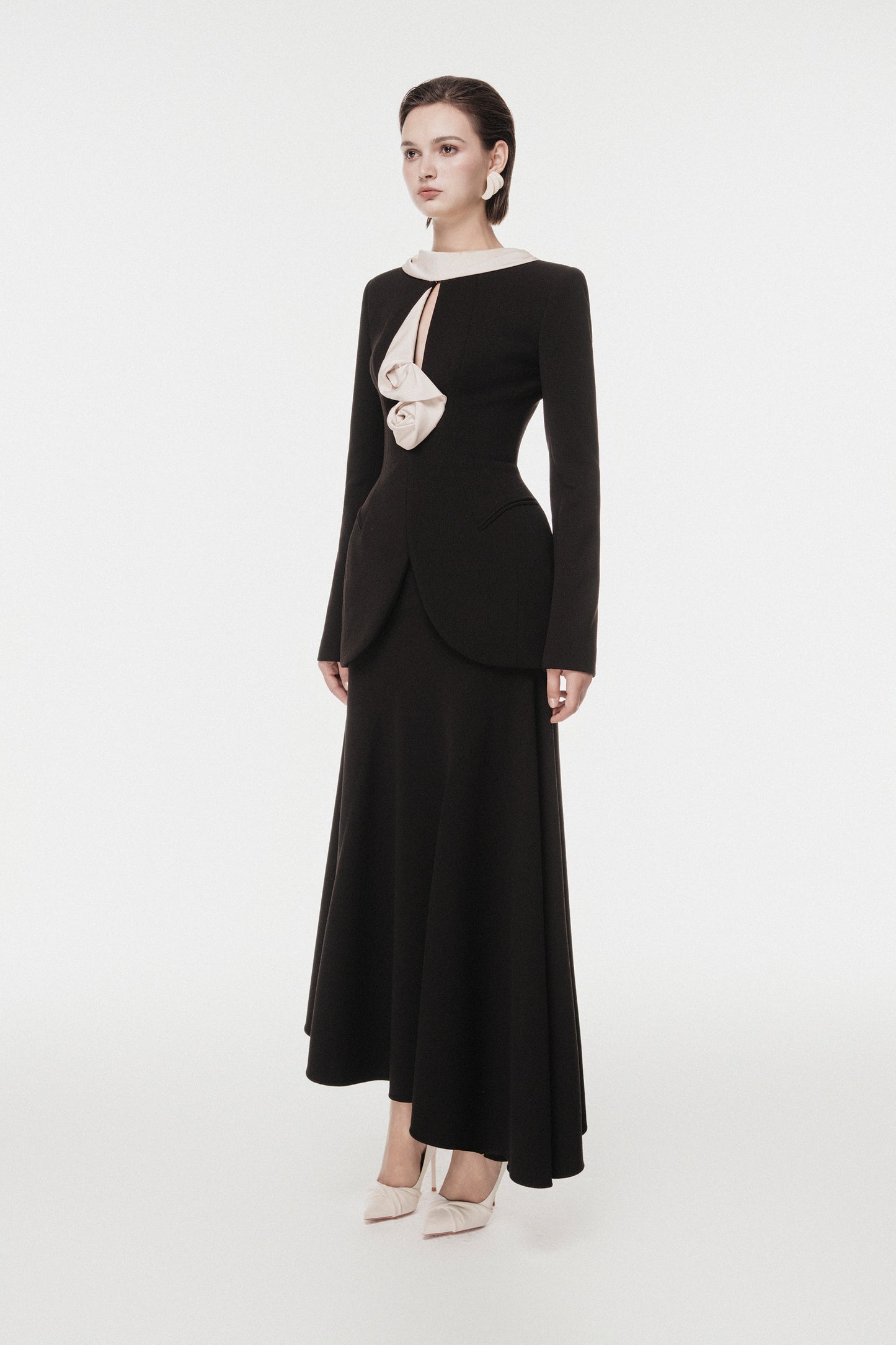 Black Vest with Draped Contrast Lapel Set (with Skirt)