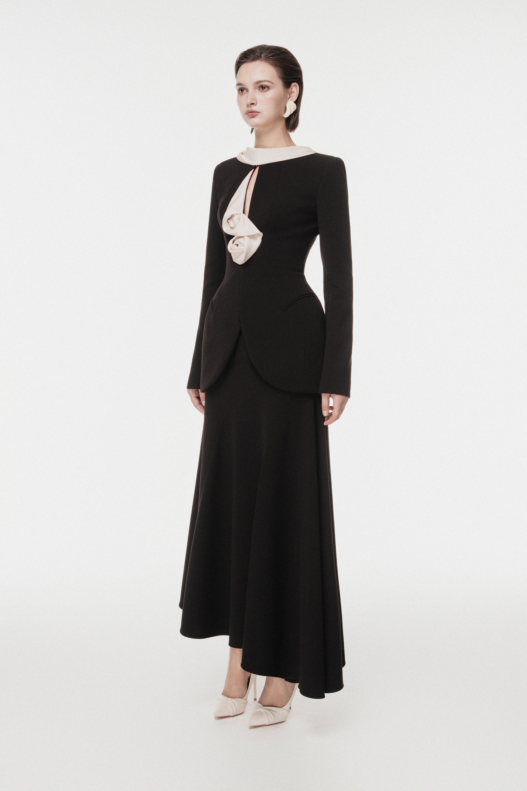 Black Vest with Draped Contrast Lapel Set (with Skirt)