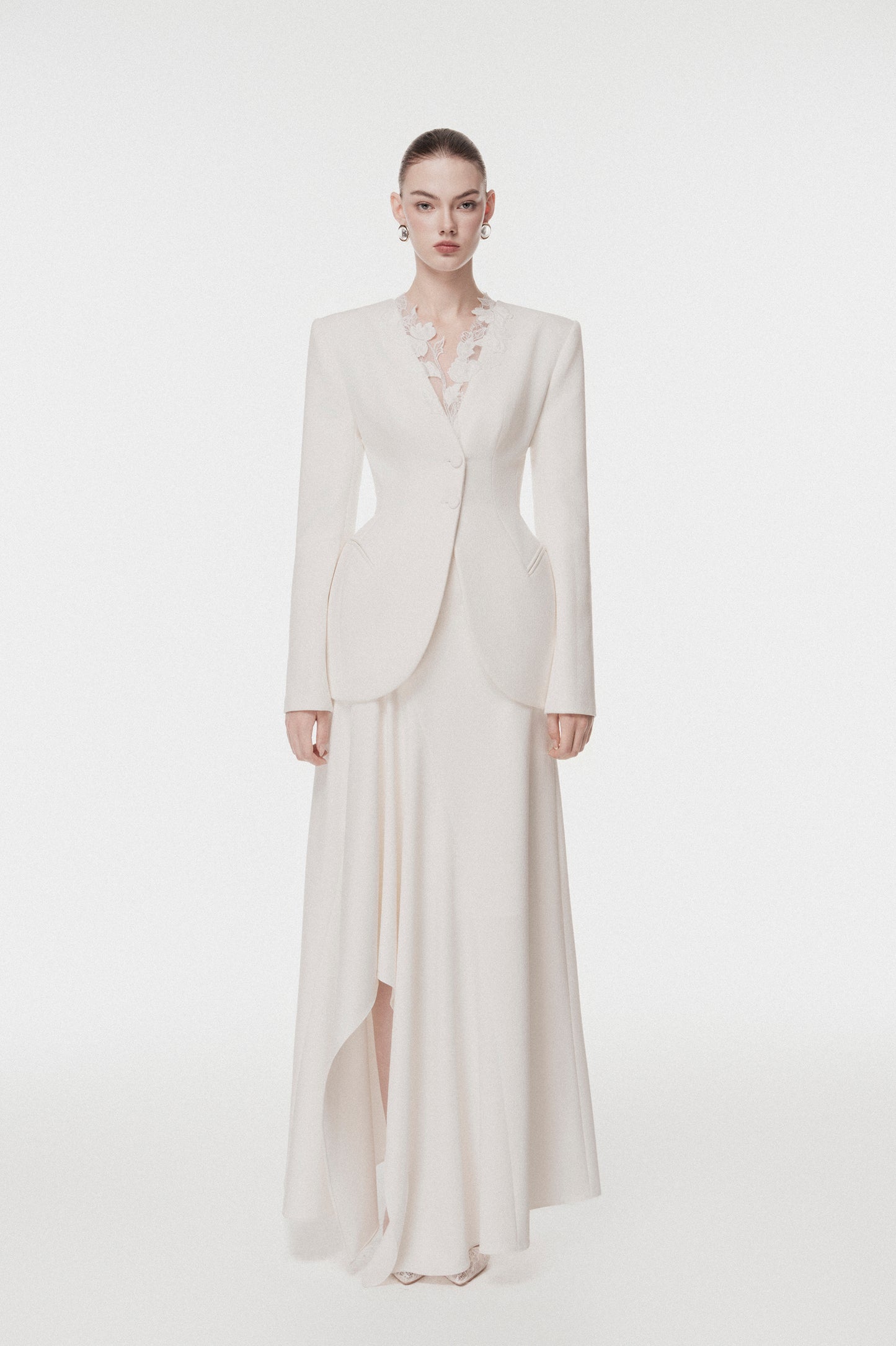 Ivory Draped-Collar Tailored Set Design
