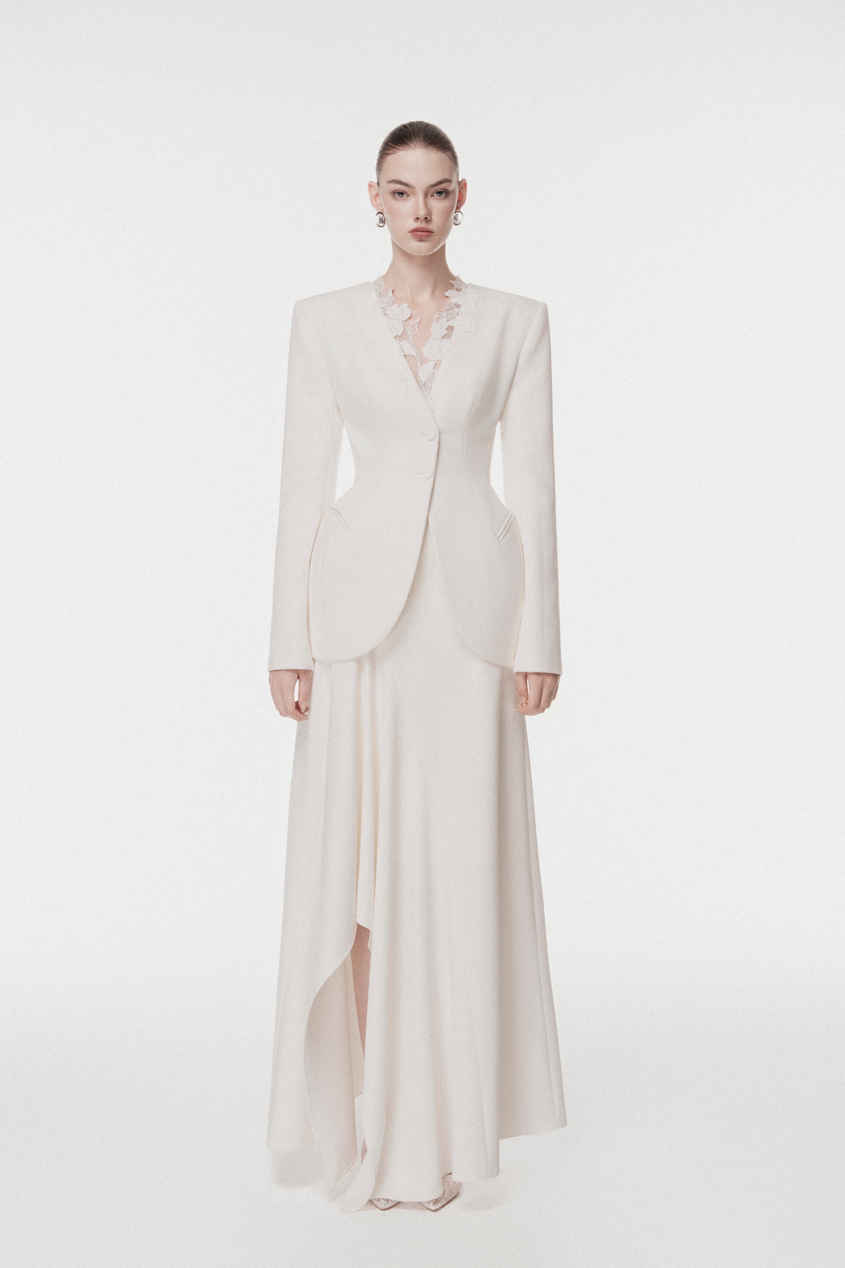 Ivory Draped-Collar Tailored Set Design