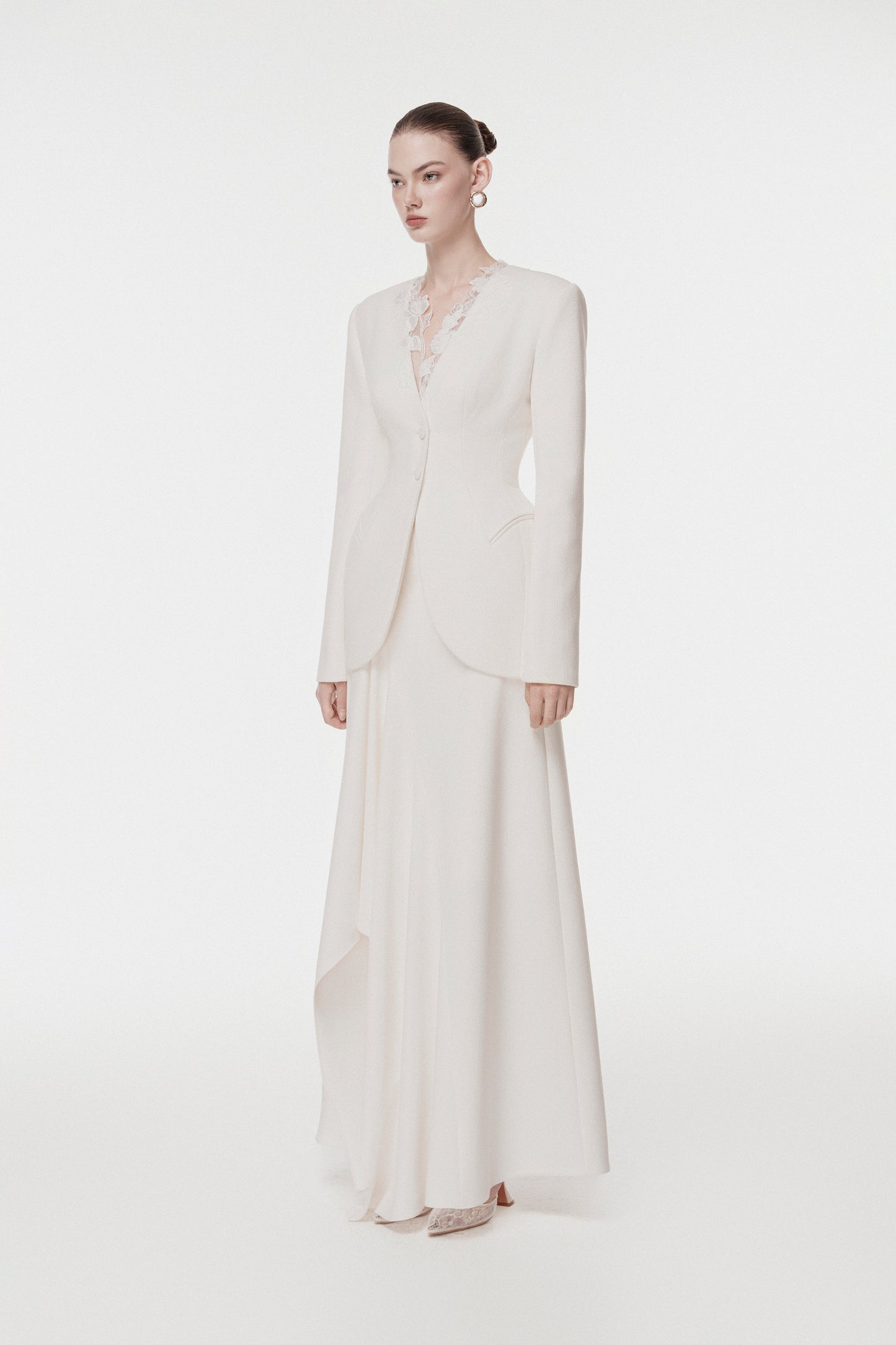 Ivory Draped-Collar Tailored Set Design