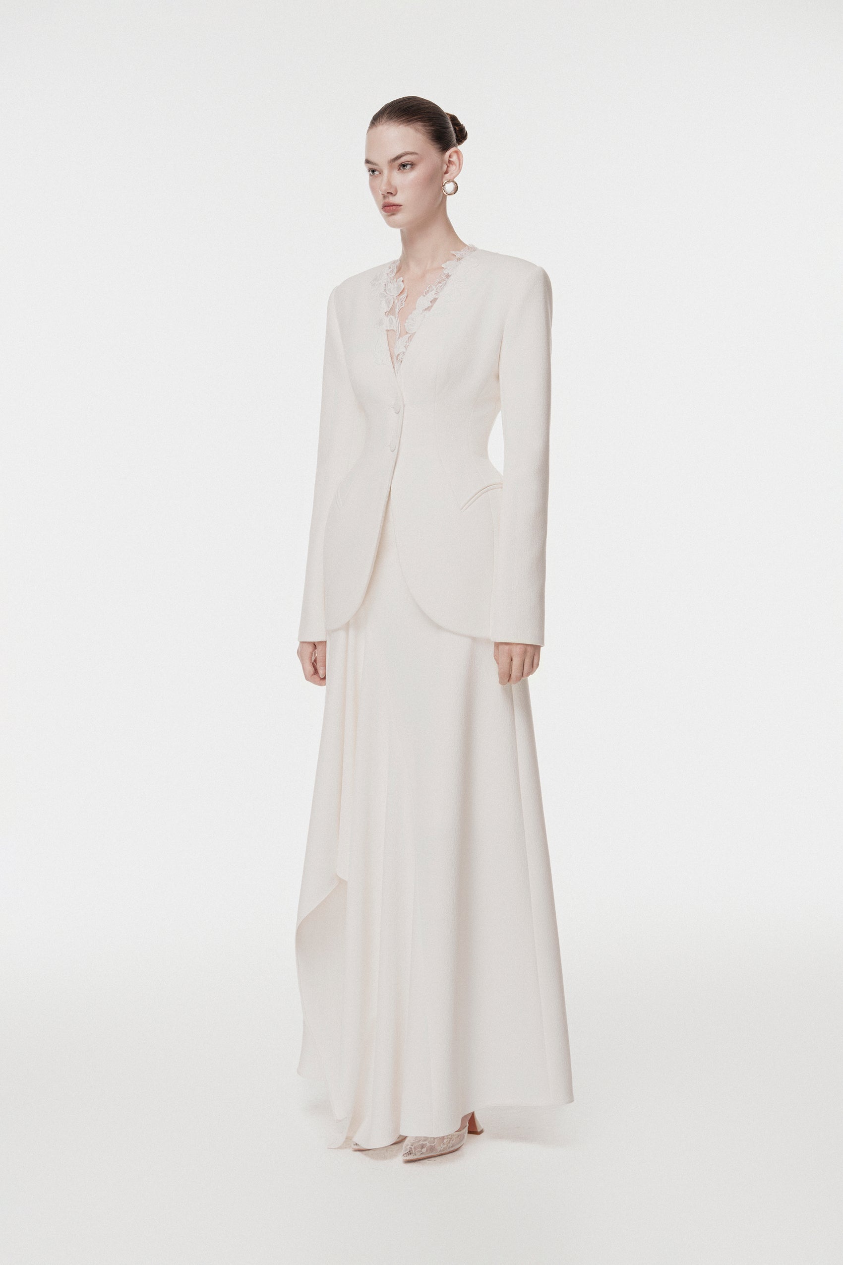 Ivory Draped-Collar Tailored Set Design