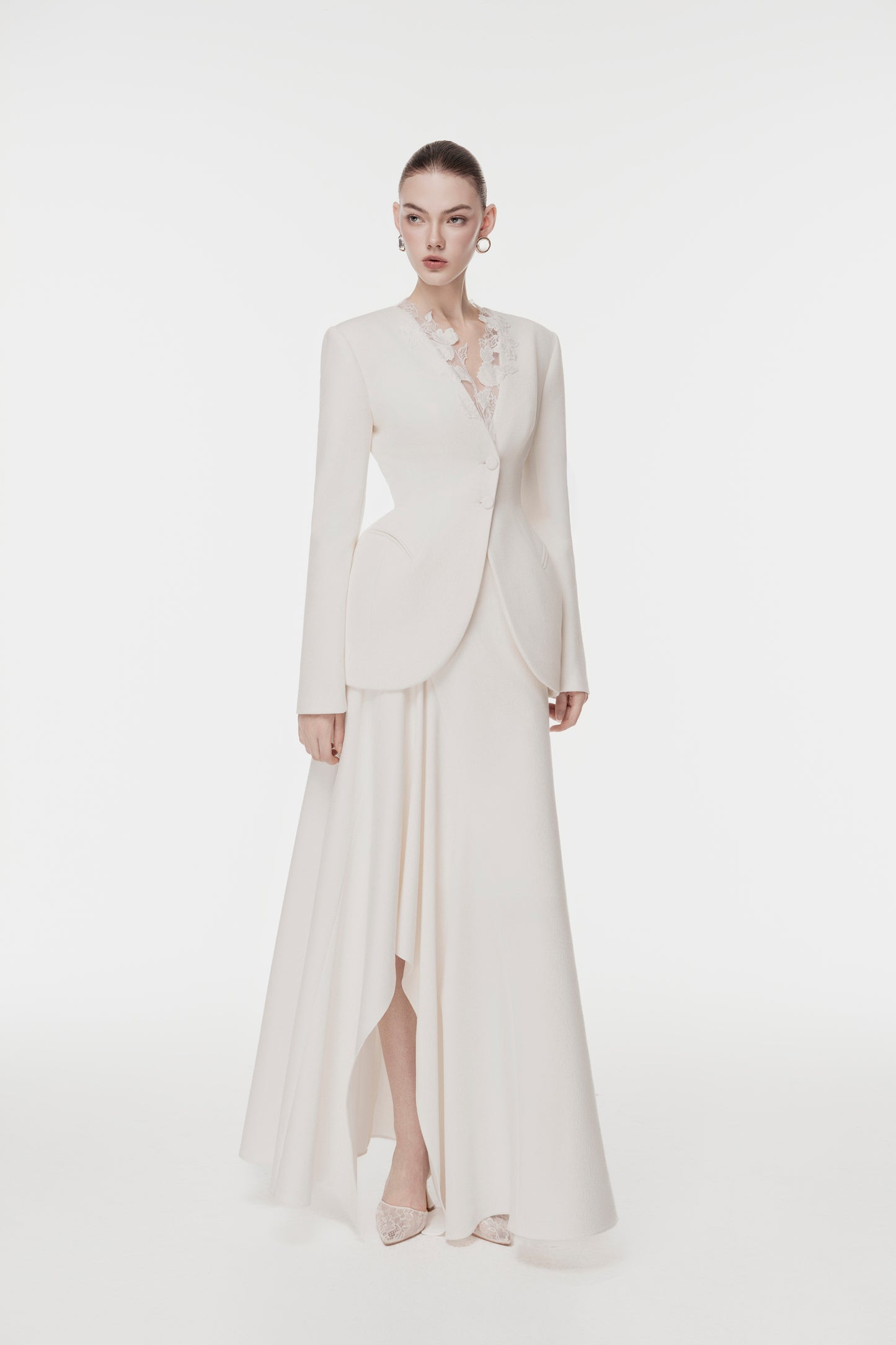 Ivory Draped-Collar Tailored Set Design