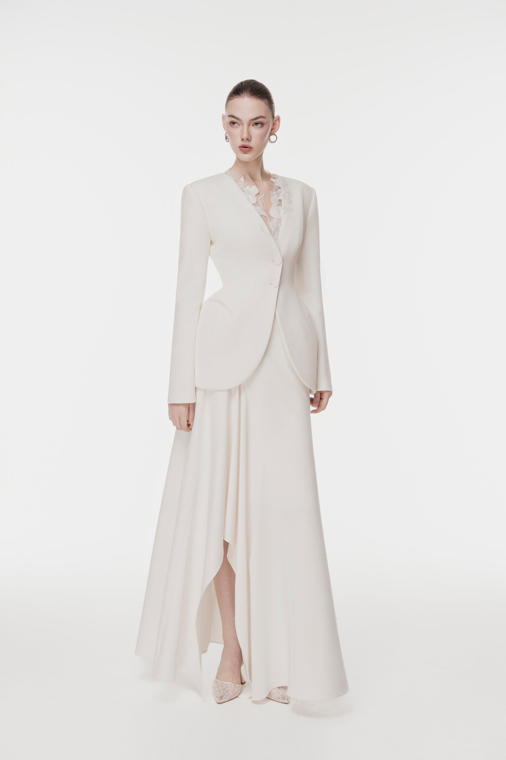 Ivory Draped-Collar Tailored Set Design