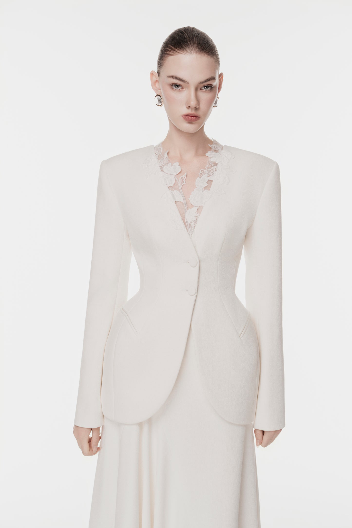 Ivory Draped-Collar Tailored Set Design