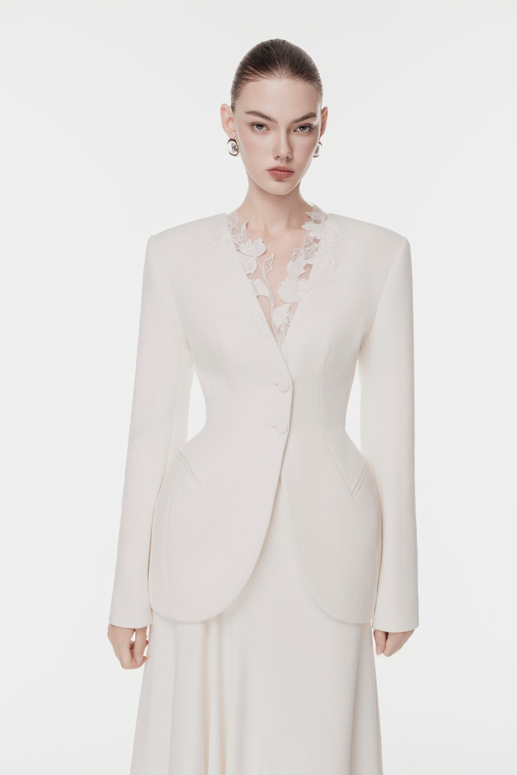 Ivory Draped-Collar Tailored Set Design