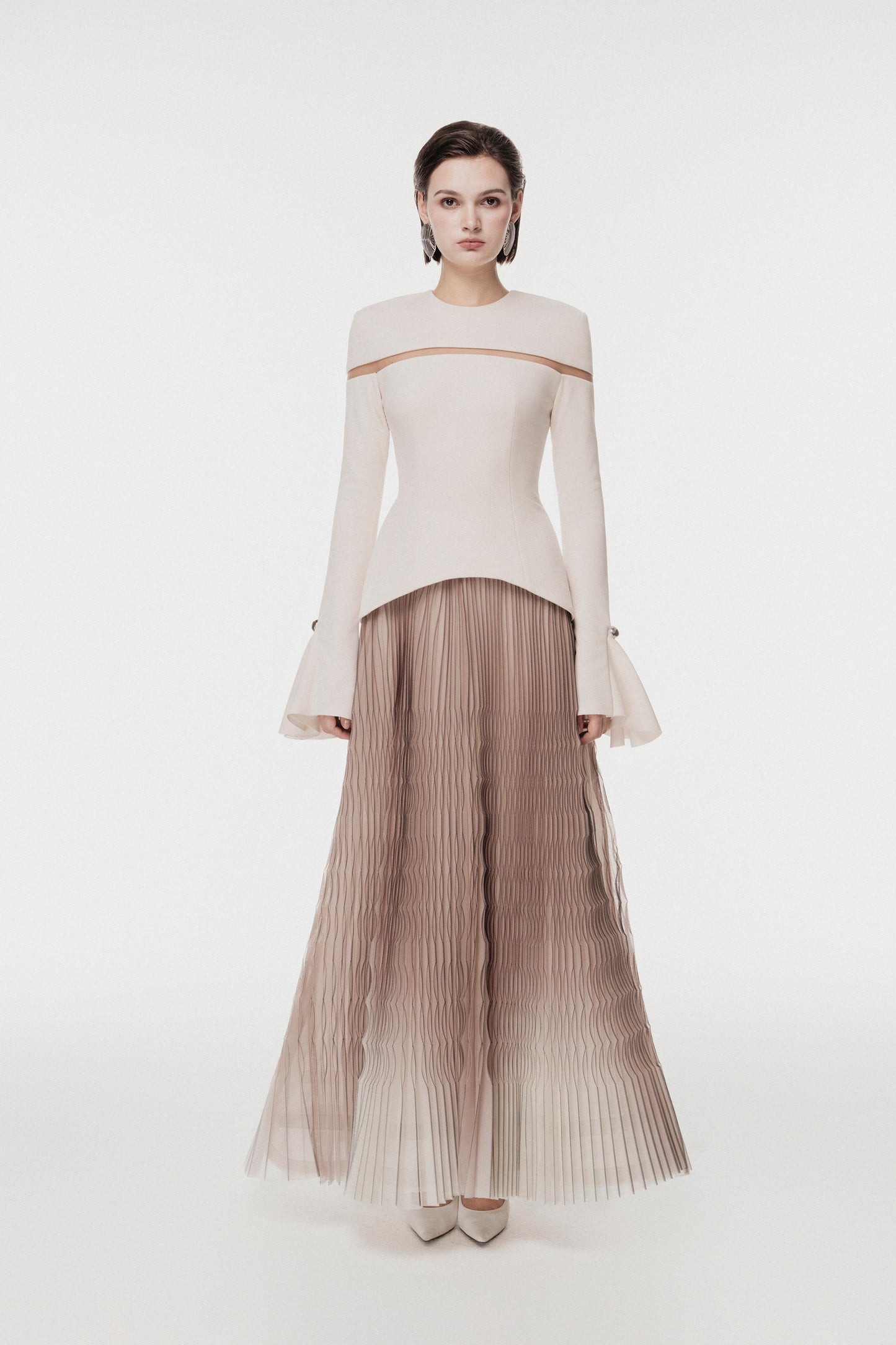 Cut-Out Shoulder Dress with Ombre Pleated Skirt