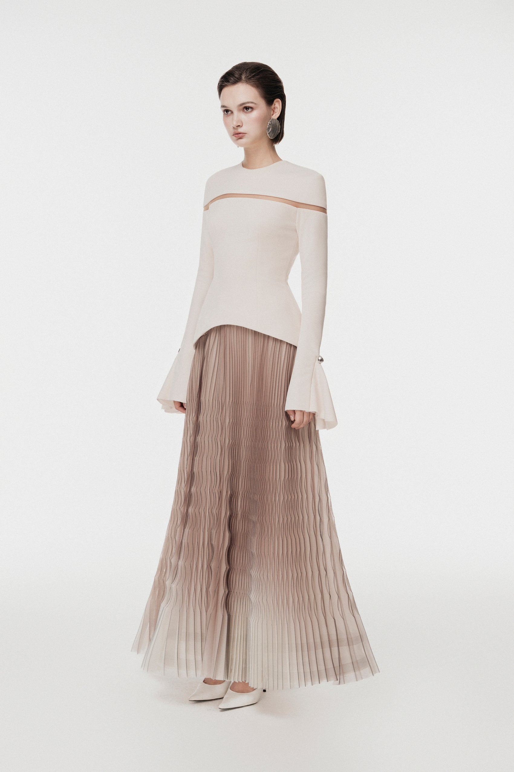 Cut-Out Shoulder Dress with Ombre Pleated Skirt
