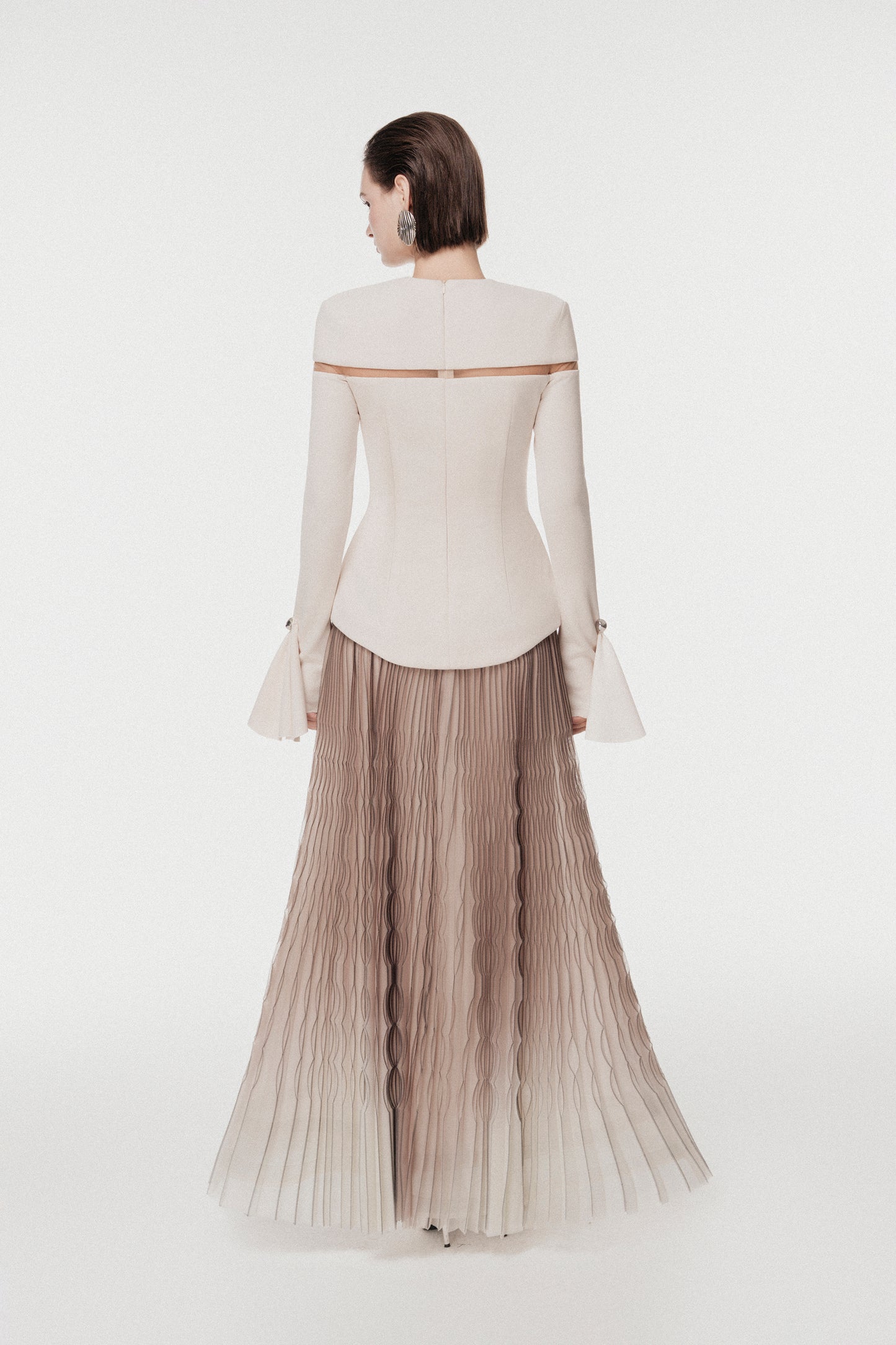 Cut-Out Shoulder Dress with Ombre Pleated Skirt