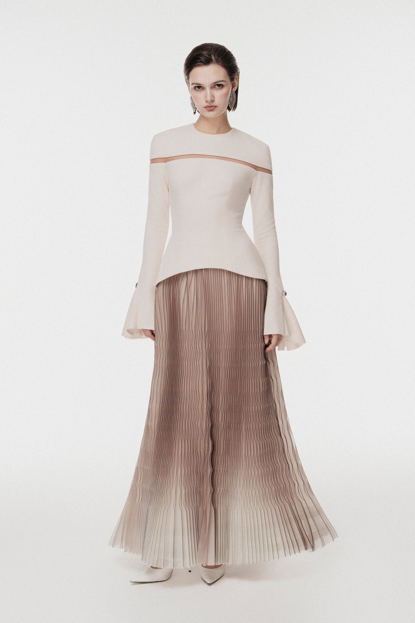 Cut-Out Shoulder Dress with Ombre Pleated Skirt