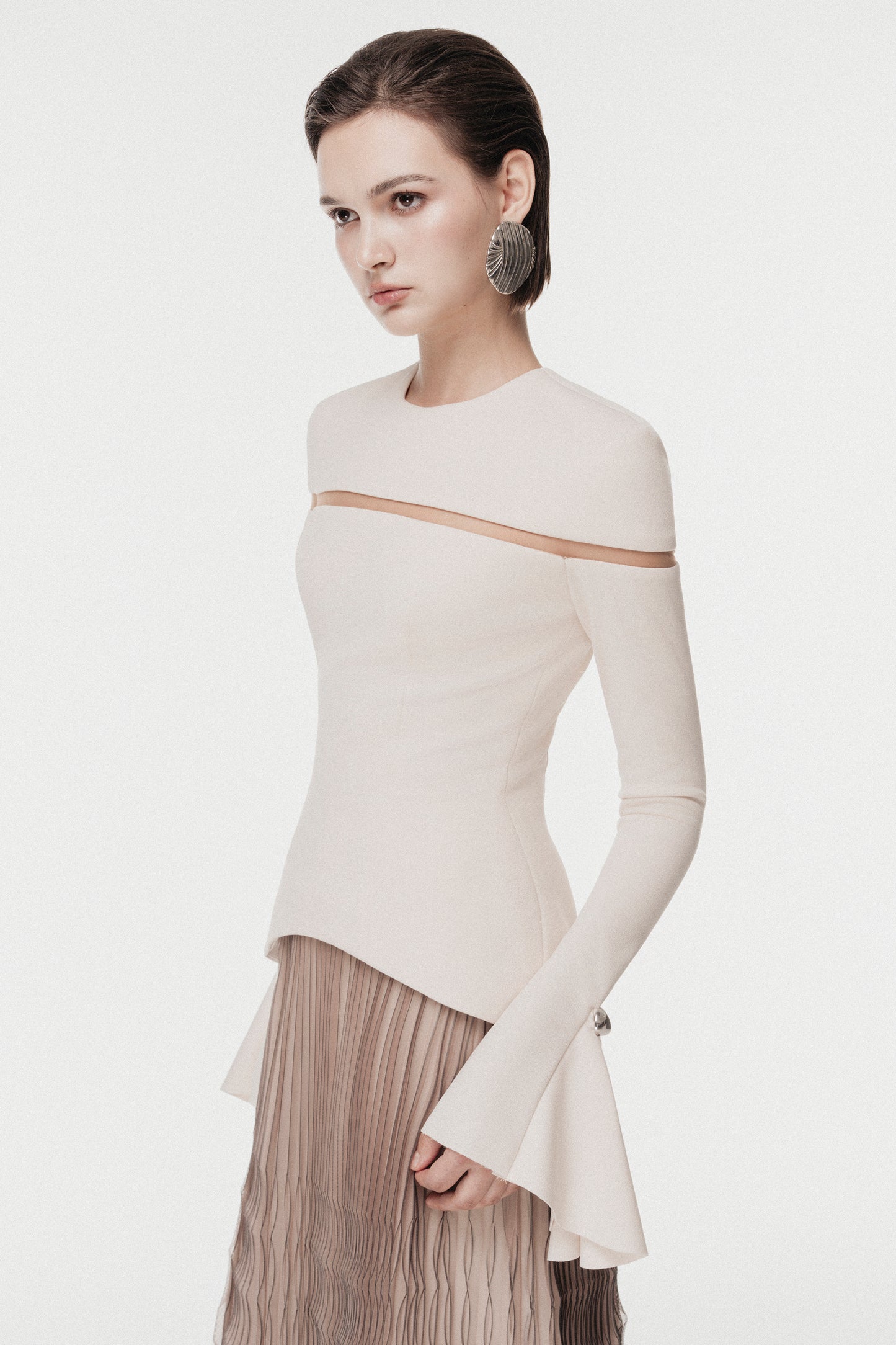 Cut-Out Shoulder Dress with Ombre Pleated Skirt