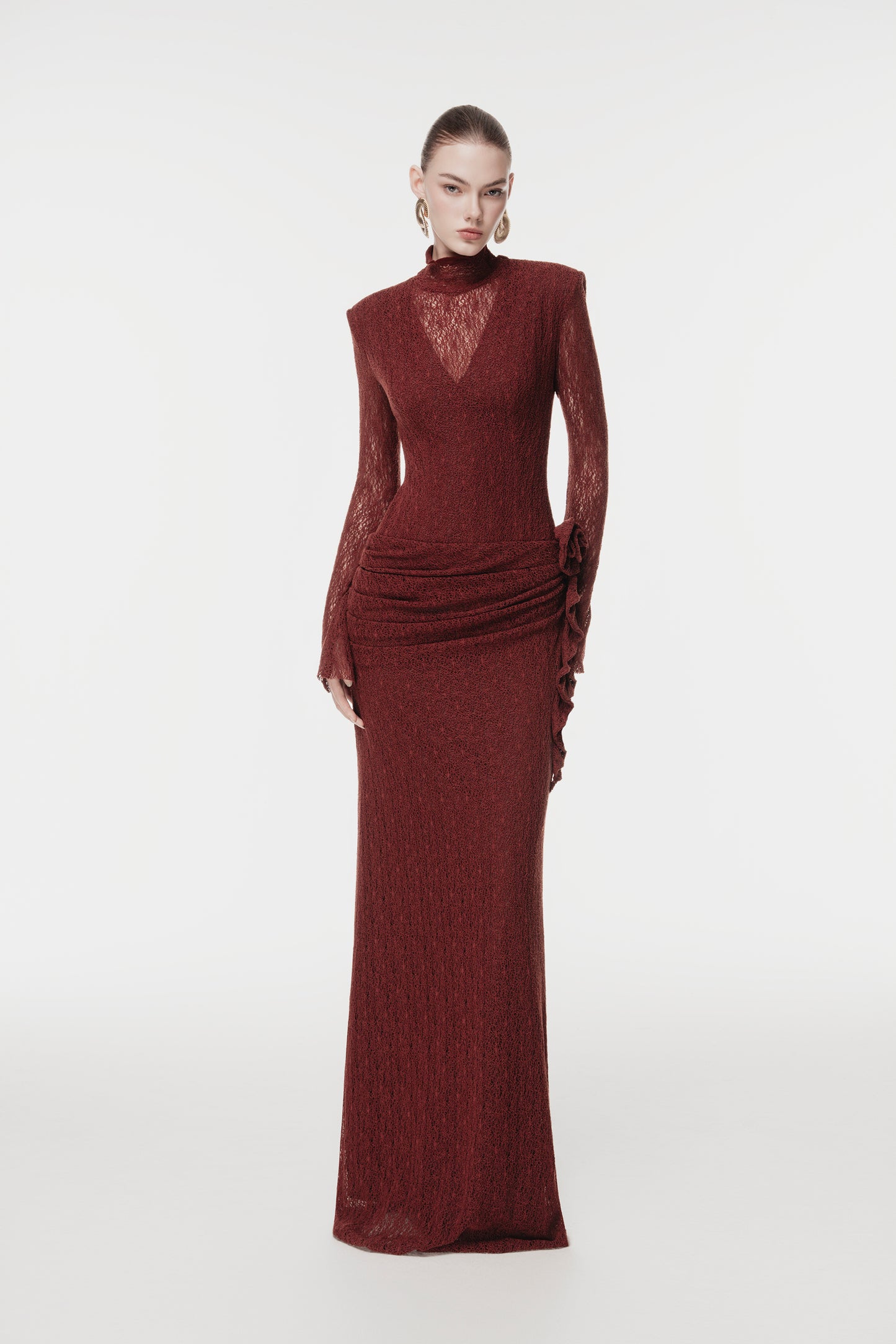 Sheer Lace Evening Gown with 3D Floral