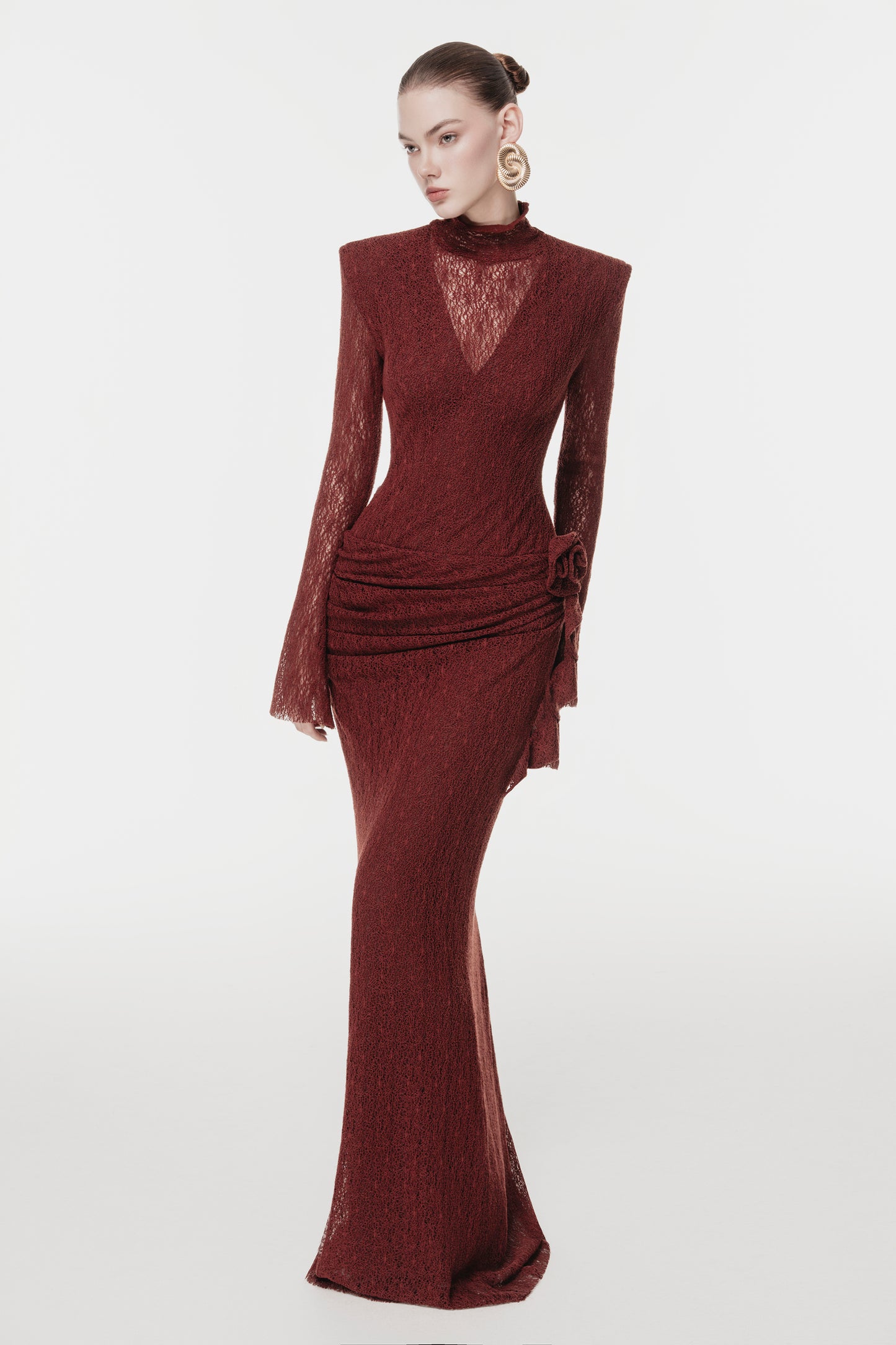 Sheer Lace Evening Gown with 3D Floral
