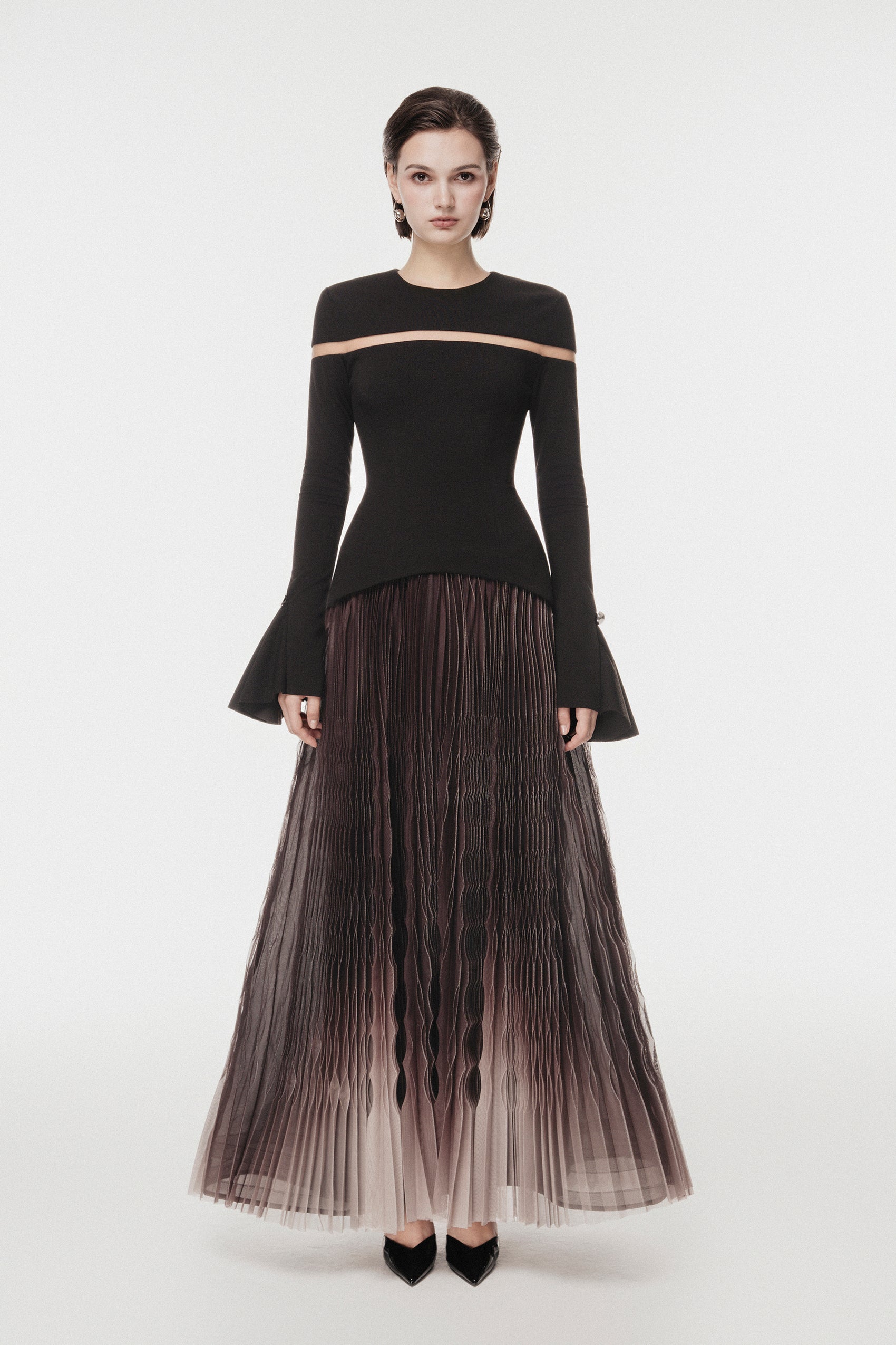 Cut-Out Shoulder Dress with Ombre Pleated Skirt