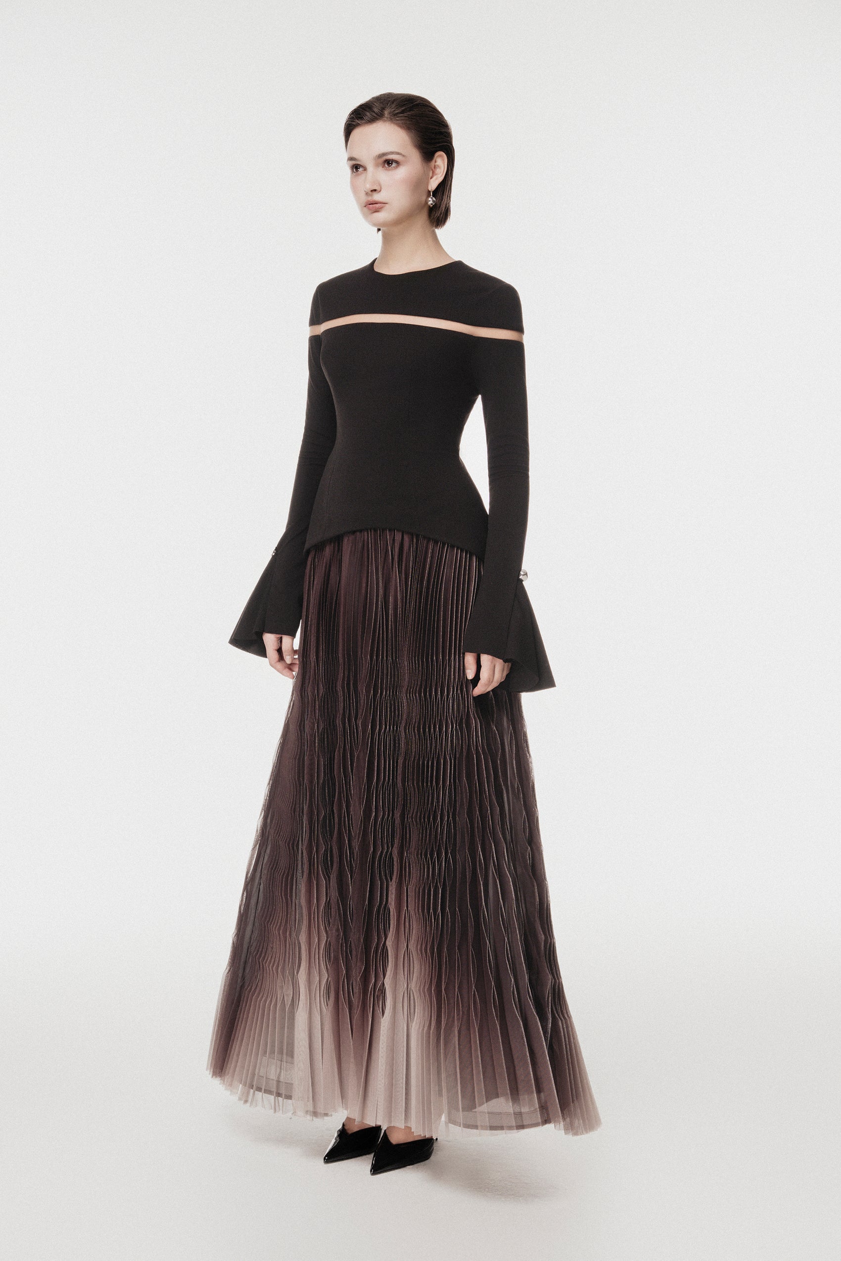 Cut-Out Shoulder Dress with Ombre Pleated Skirt